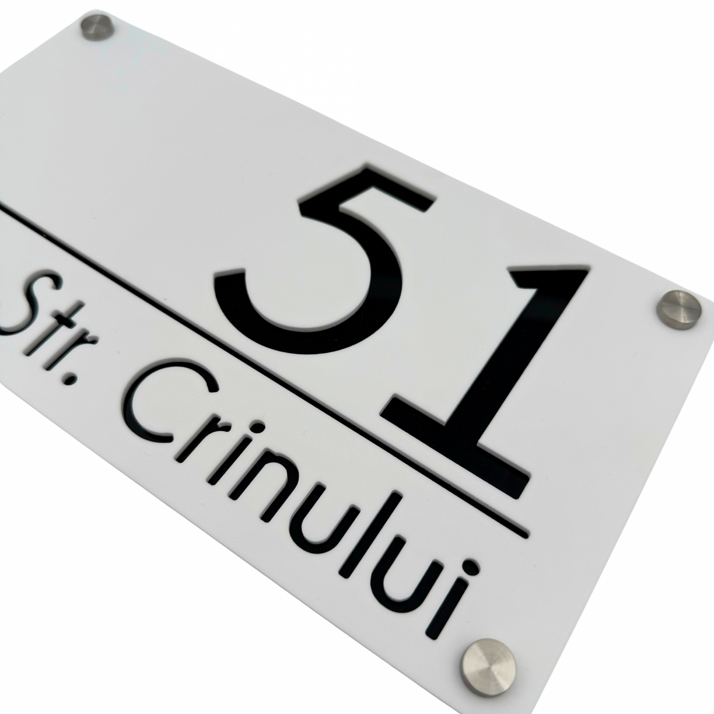 PREMIUM HOUSE NUMBER - White Satin Glossy Black 4 Spacers Silver - 28×15 cm