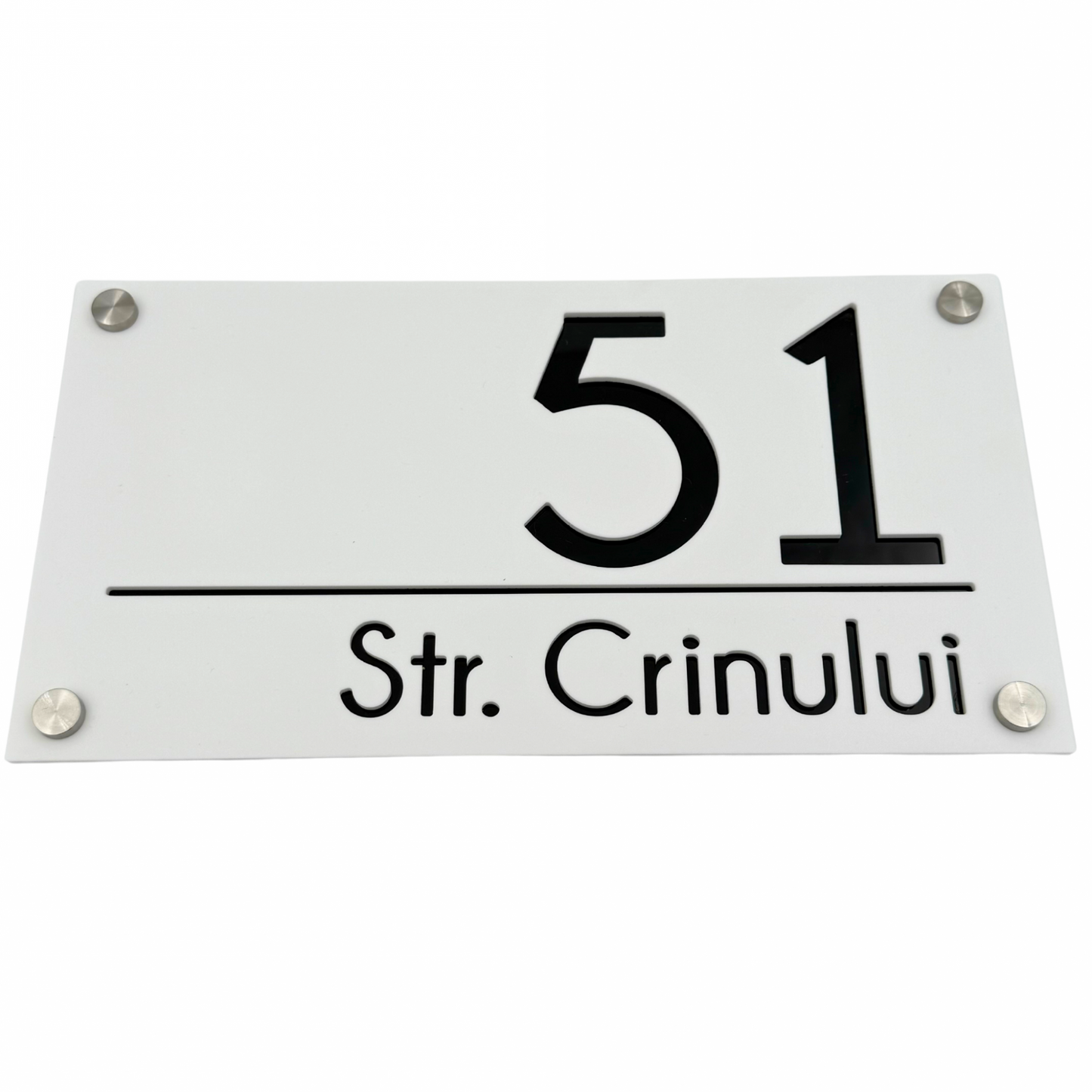 PREMIUM HOUSE NUMBER - White Satin Glossy Black 4 Spacers Silver - 28×15 cm