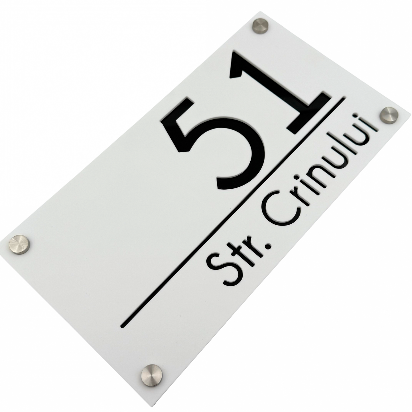 PREMIUM HOUSE NUMBER - White Satin Glossy Black 4 Spacers Silver - 28×15 cm