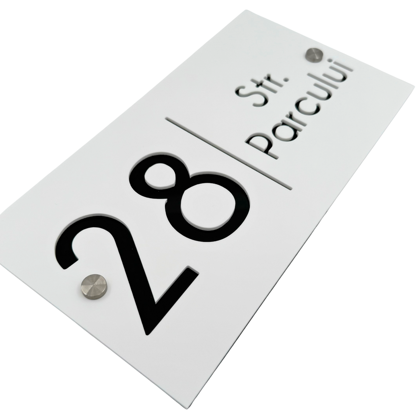 PREMIUM HOUSE NUMBER - White Satin Glossy Black 2 Spacers Silver - 28×15 cm