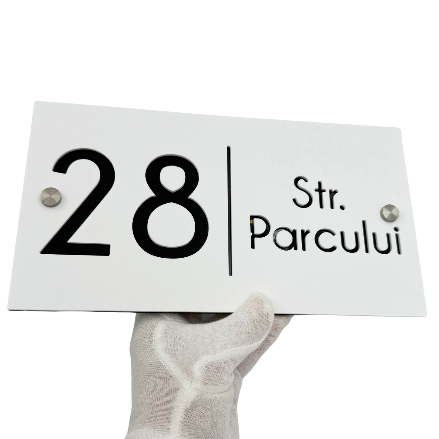 PREMIUM HOUSE NUMBER - White Satin Glossy Black 2 Spacers Silver - 28×15 cm