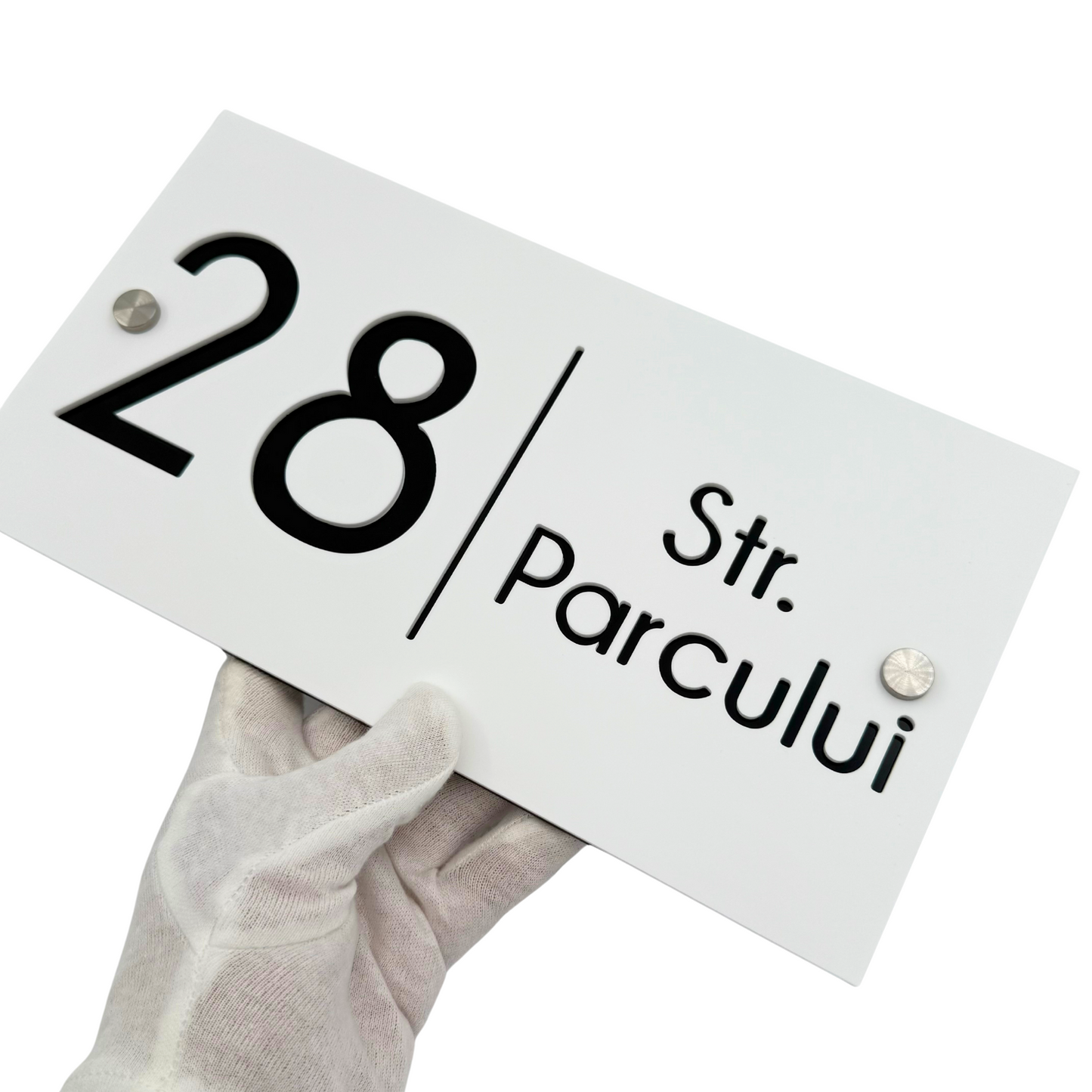 PREMIUM HOUSE NUMBER - White Satin Glossy Black 2 Spacers Silver - 28×15 cm