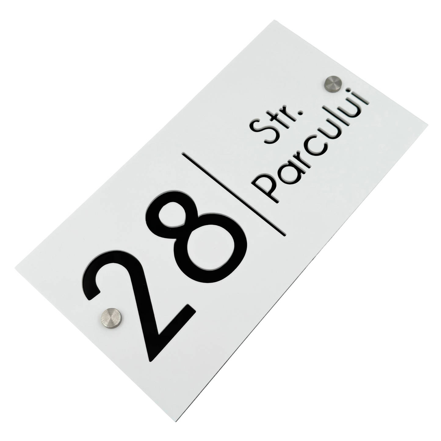 PREMIUM HOUSE NUMBER - White Satin Glossy Black 2 Spacers Silver - 28×15 cm