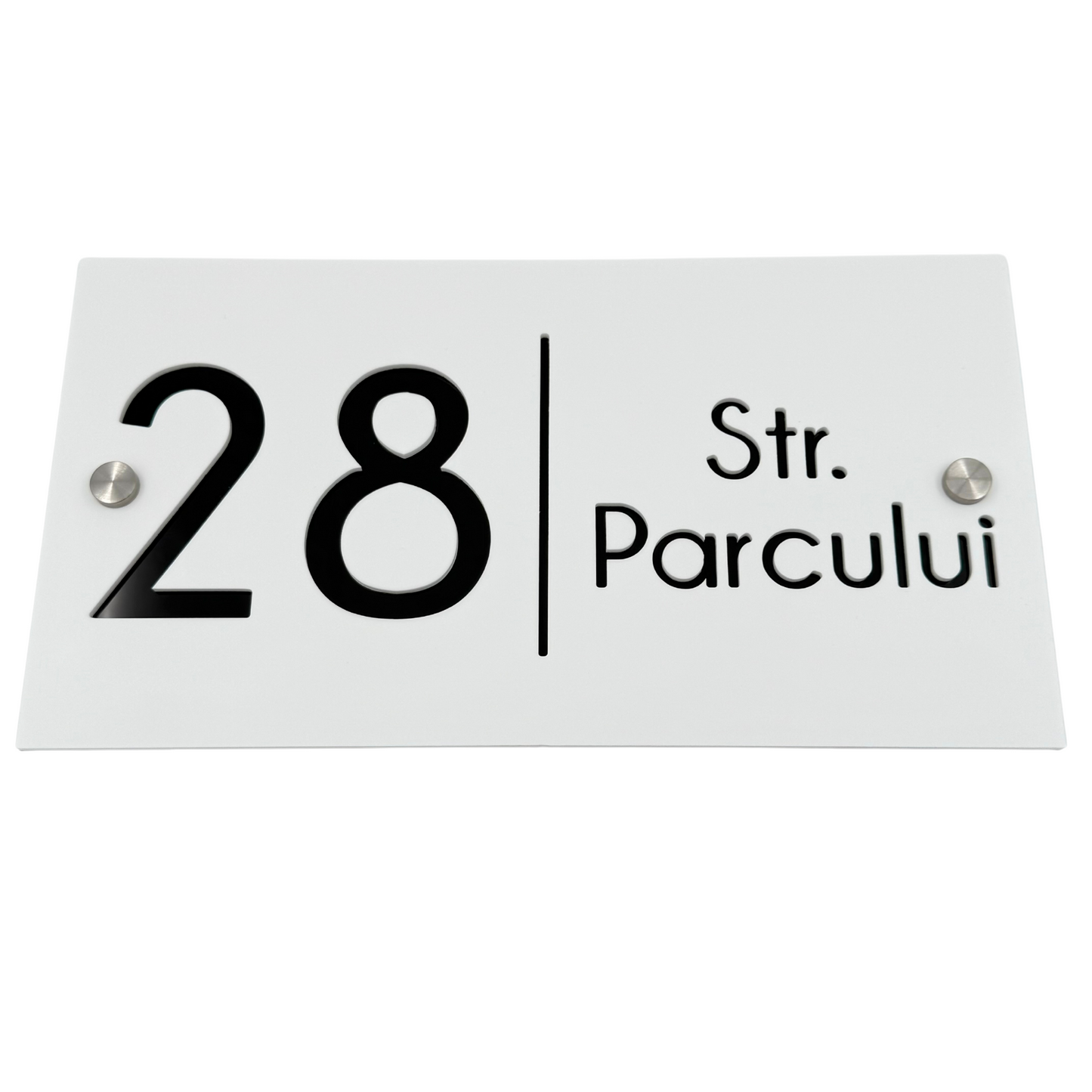 PREMIUM HOUSE NUMBER - White Satin Glossy Black 2 Spacers Silver - 28×15 cm