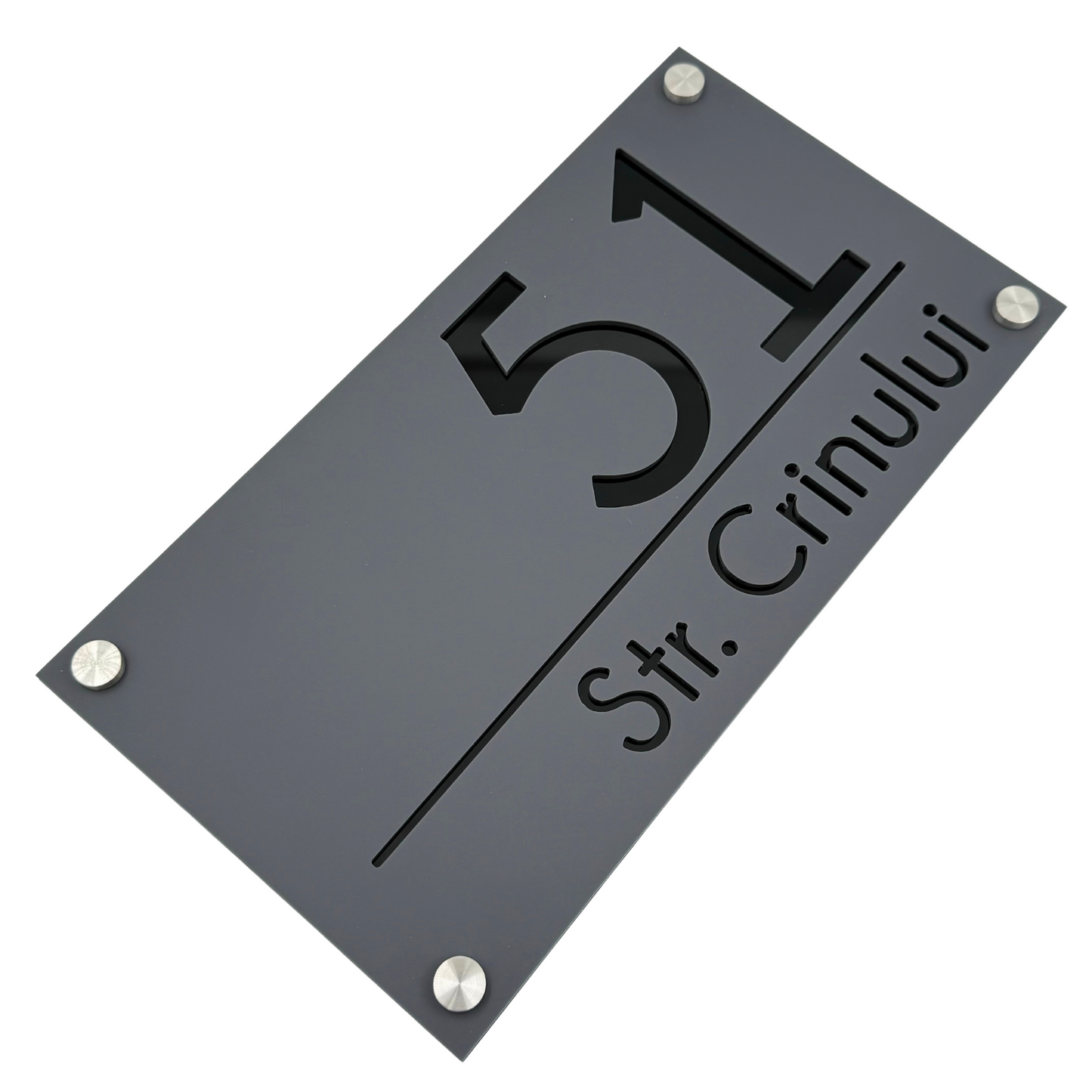 PREMIUM HOUSE NUMBER - Satin Grey Glossy Black 4 Spacers Silver - 28×15 cm