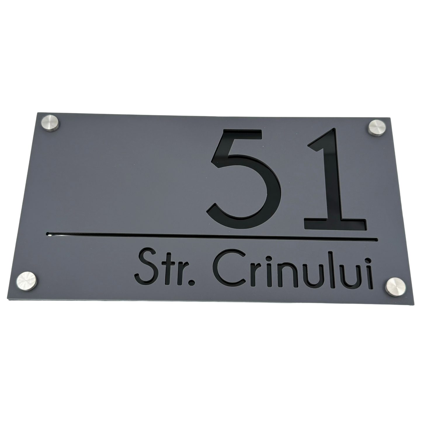 PREMIUM HOUSE NUMBER - Satin Grey Glossy Black 4 Spacers Silver - 28×15 cm