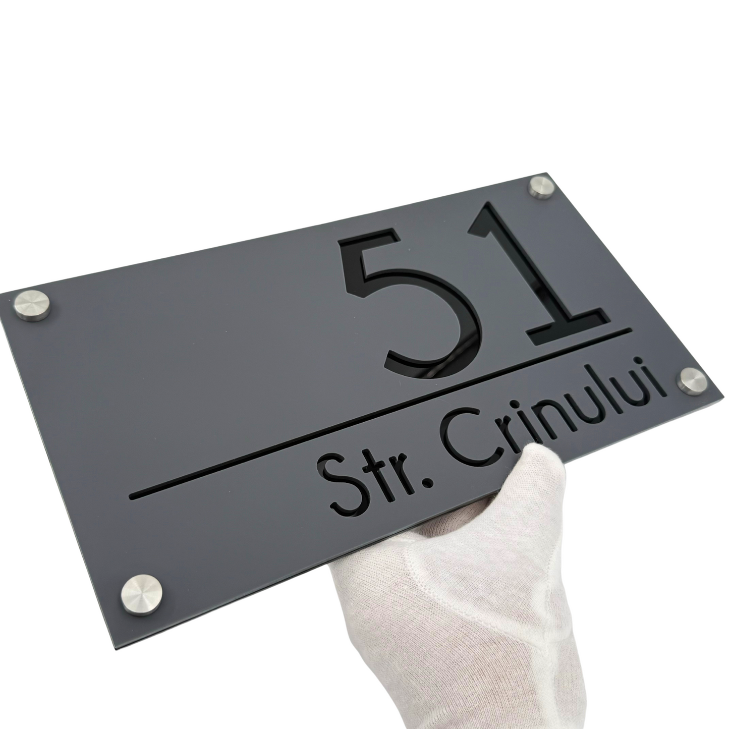 PREMIUM HOUSE NUMBER - Satin Grey Glossy Black 4 Spacers Silver - 28×15 cm