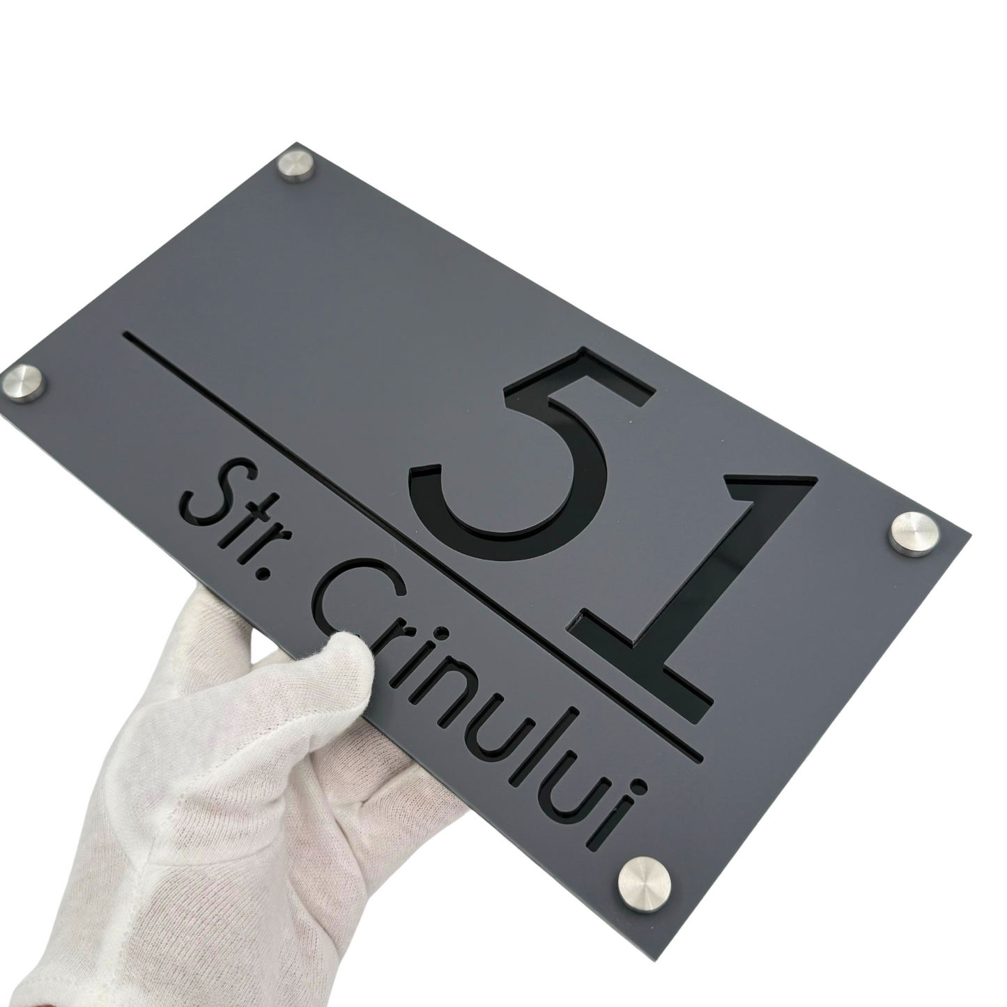 PREMIUM HOUSE NUMBER - Satin Grey Glossy Black 4 Spacers Silver - 28×15 cm