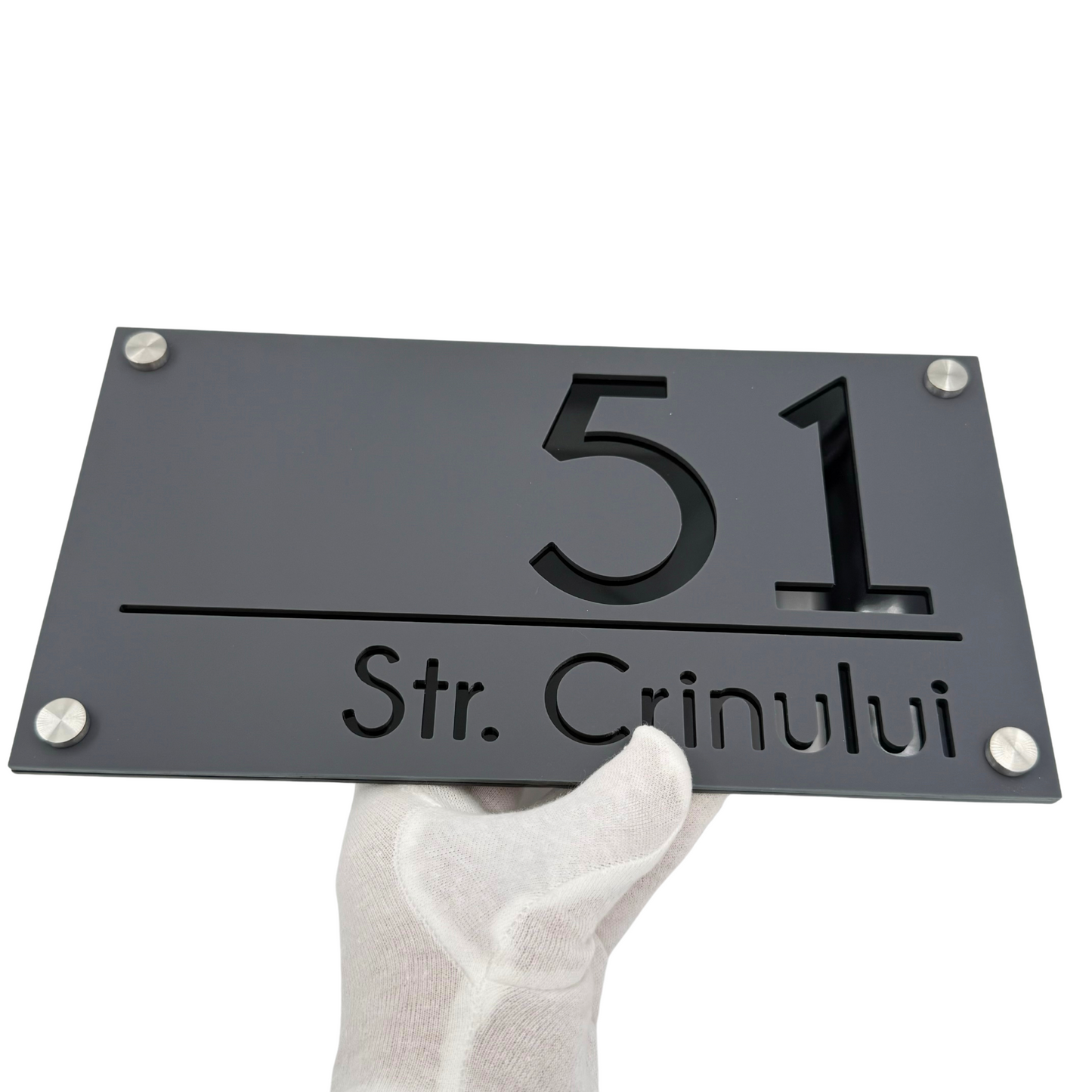 PREMIUM HOUSE NUMBER - Satin Grey Glossy Black 4 Spacers Silver - 28×15 cm