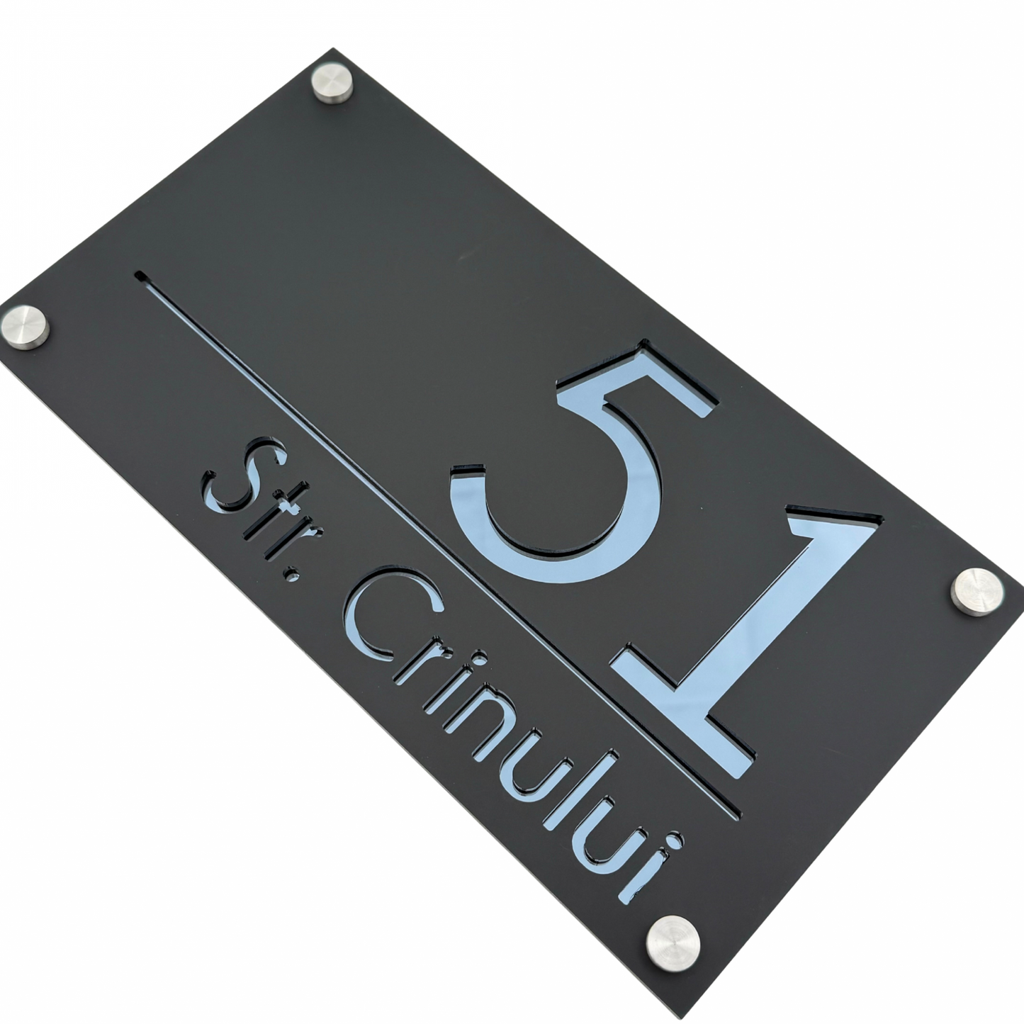 PREMIUM HOUSE NUMBER - Satin Black Anthracite Grey Mirror 4 Spacers Silver - 28×15 cm