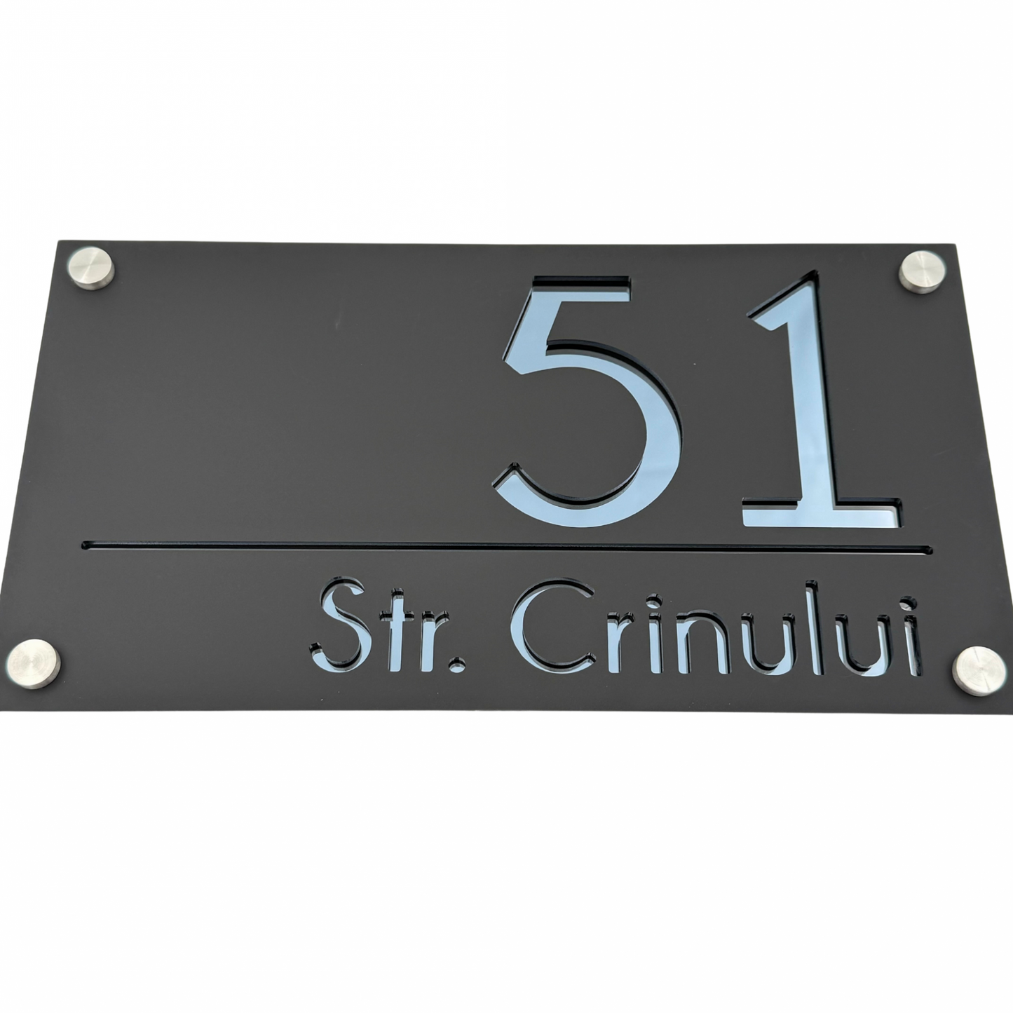 PREMIUM HOUSE NUMBER - Satin Black Anthracite Grey Mirror 4 Spacers Silver - 28×15 cm