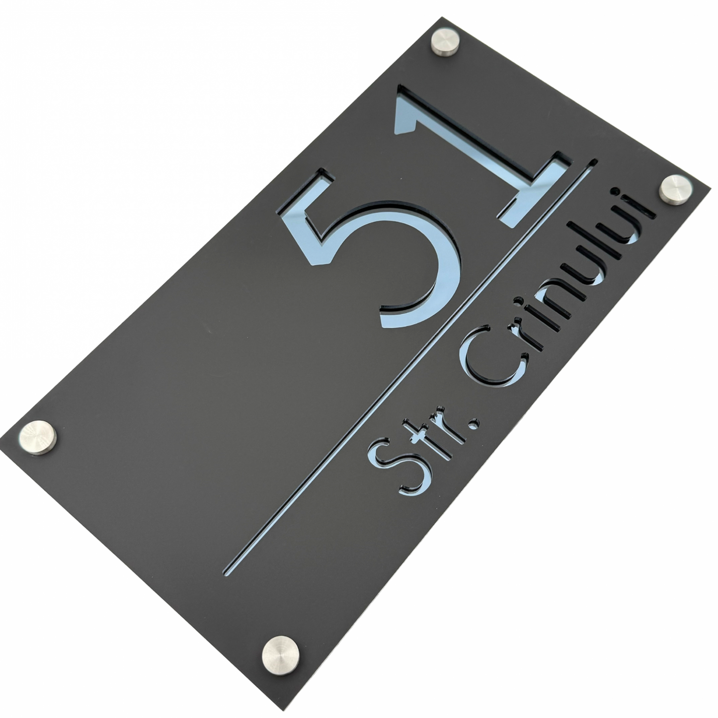 PREMIUM HOUSE NUMBER - Satin Black Anthracite Grey Mirror 4 Spacers Silver - 28×15 cm