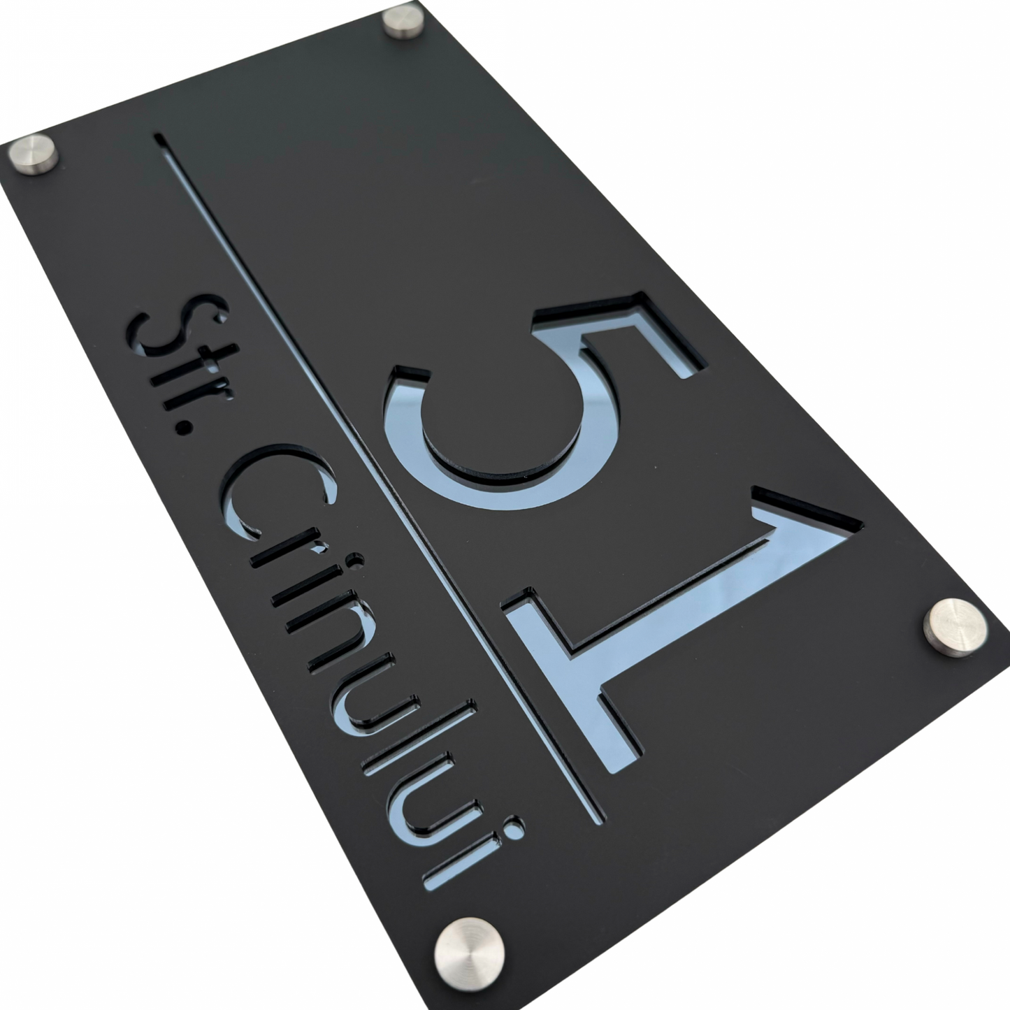 PREMIUM HOUSE NUMBER - Satin Black Anthracite Grey Mirror 4 Spacers Silver - 28×15 cm