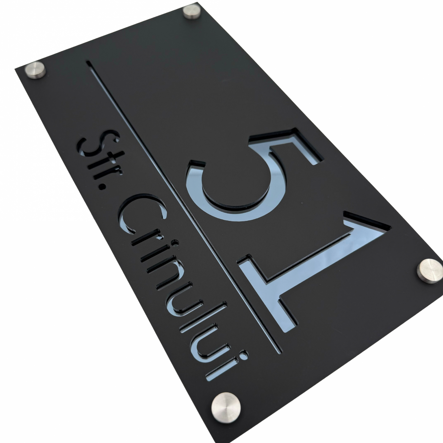 PREMIUM HOUSE NUMBER - Satin Black Anthracite Grey Mirror 4 Spacers Silver - 28×15 cm