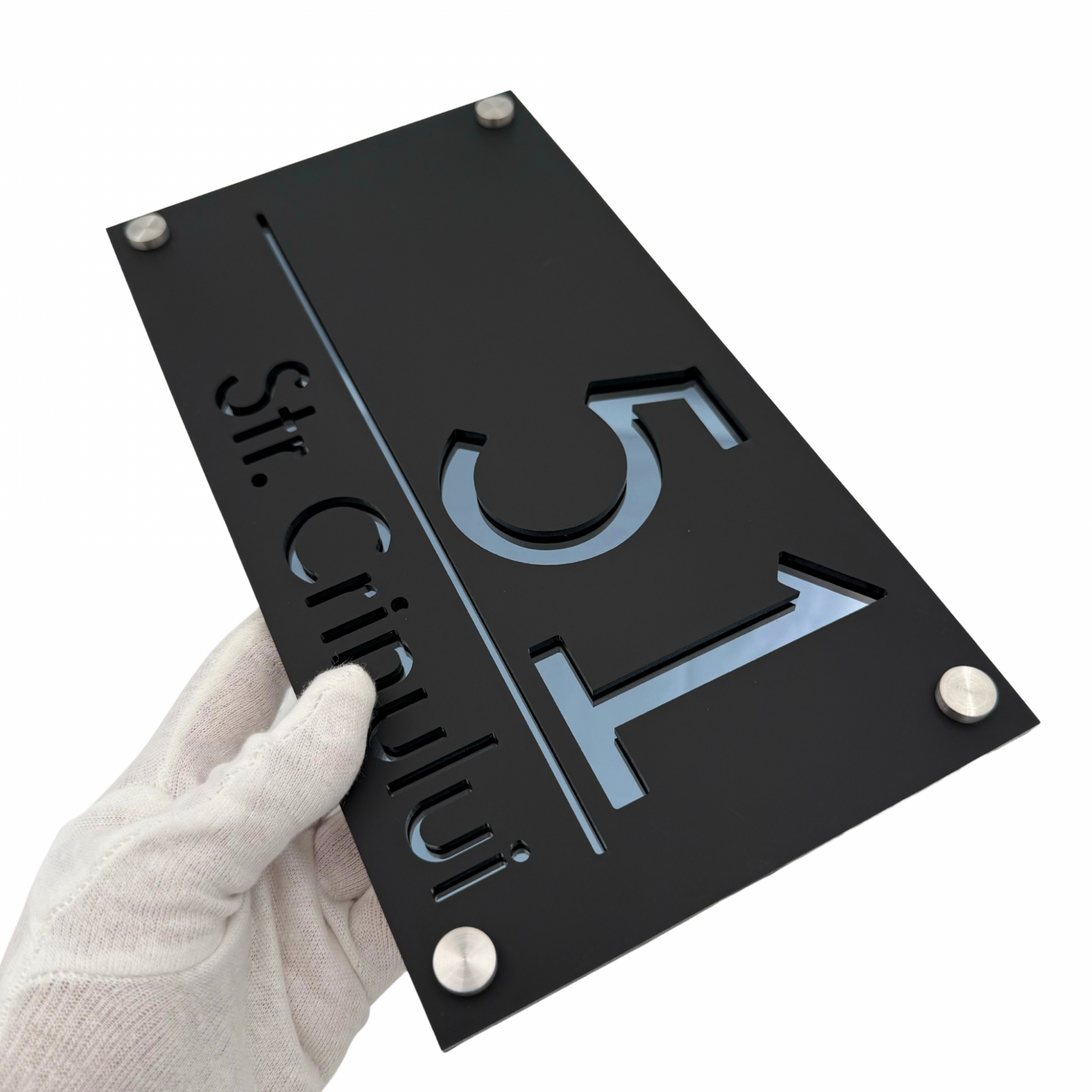 PREMIUM HOUSE NUMBER - Satin Black Anthracite Grey Mirror 4 Spacers Silver - 28×15 cm