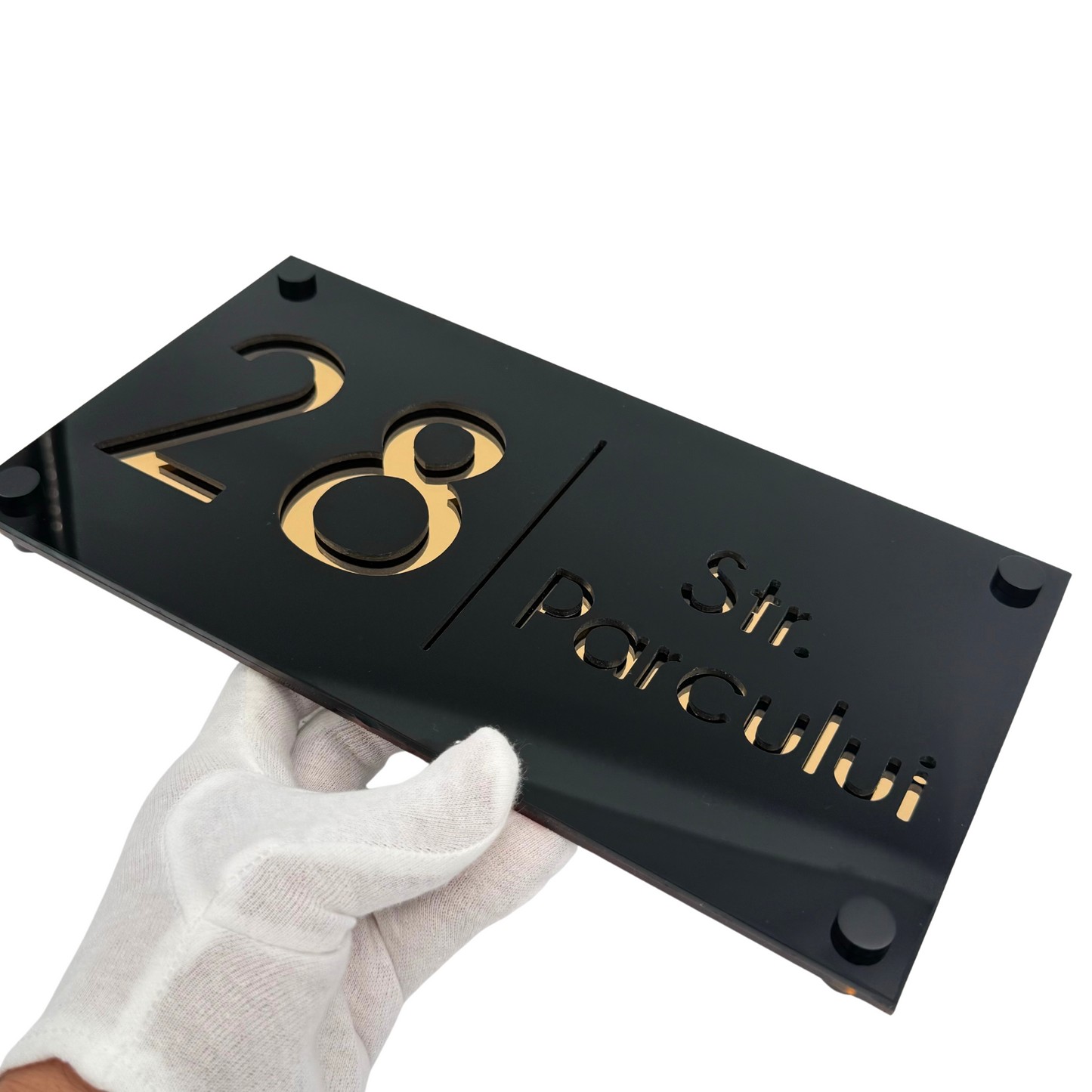 PREMIUM HOUSE NUMBER - Glossy Black Gold Mirror 4 Spacers NeGreyi - 28×15 cm