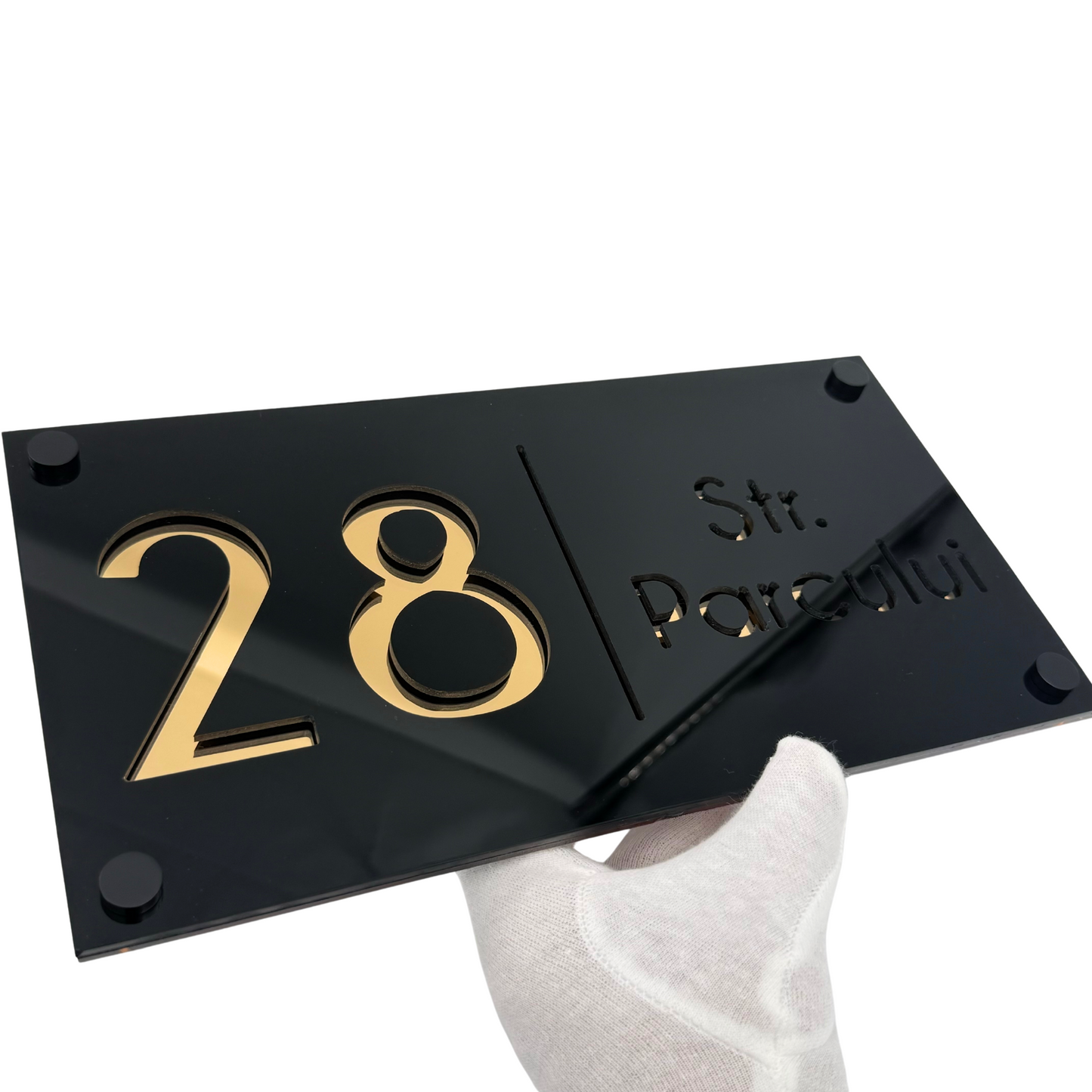 PREMIUM HOUSE NUMBER - Glossy Black Gold Mirror 4 Spacers NeGreyi - 28×15 cm