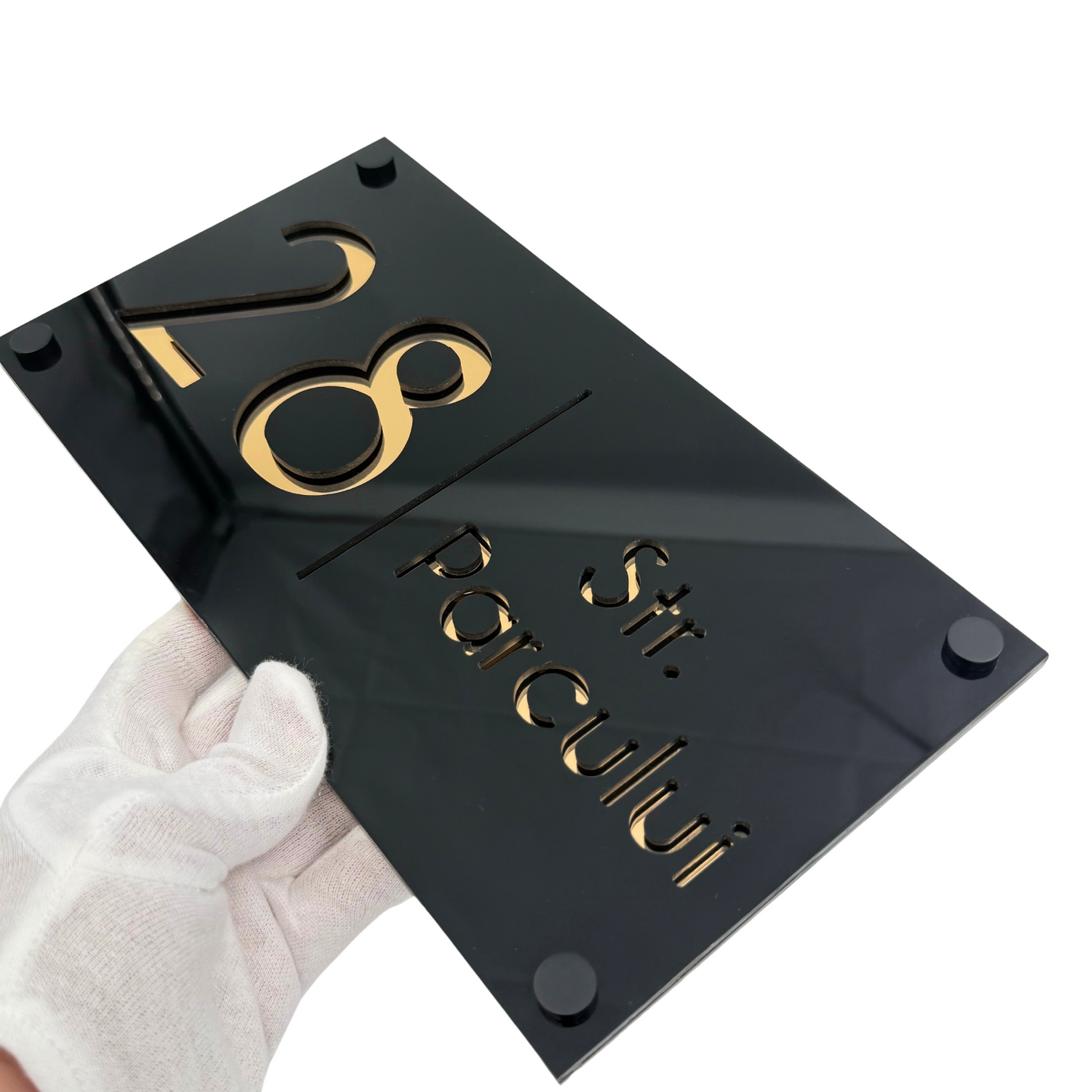 PREMIUM HOUSE NUMBER - Glossy Black Gold Mirror 4 Spacers NeGreyi - 28×15 cm