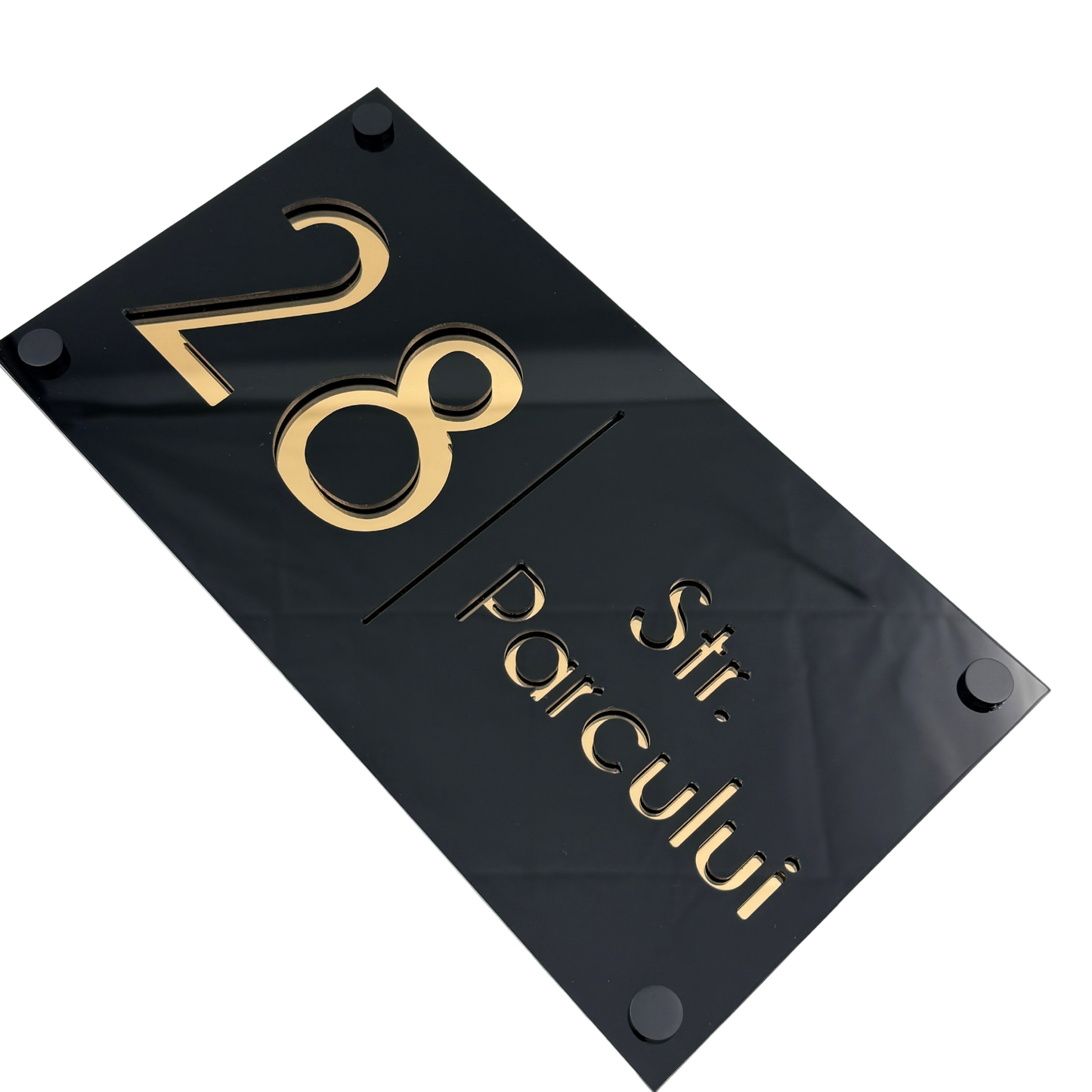 PREMIUM HOUSE NUMBER - Glossy Black Gold Mirror 4 Spacers NeGreyi - 28×15 cm