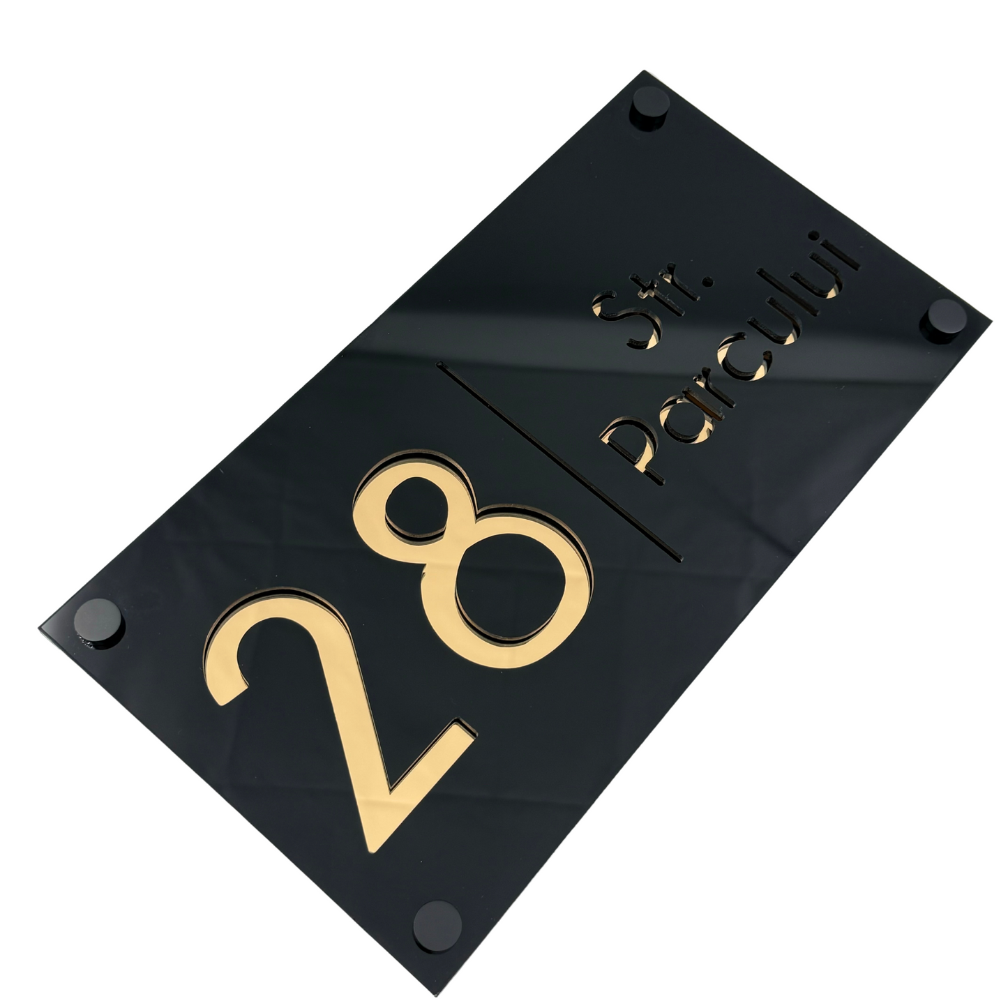 PREMIUM HOUSE NUMBER - Glossy Black Gold Mirror 4 Spacers NeGreyi - 28×15 cm