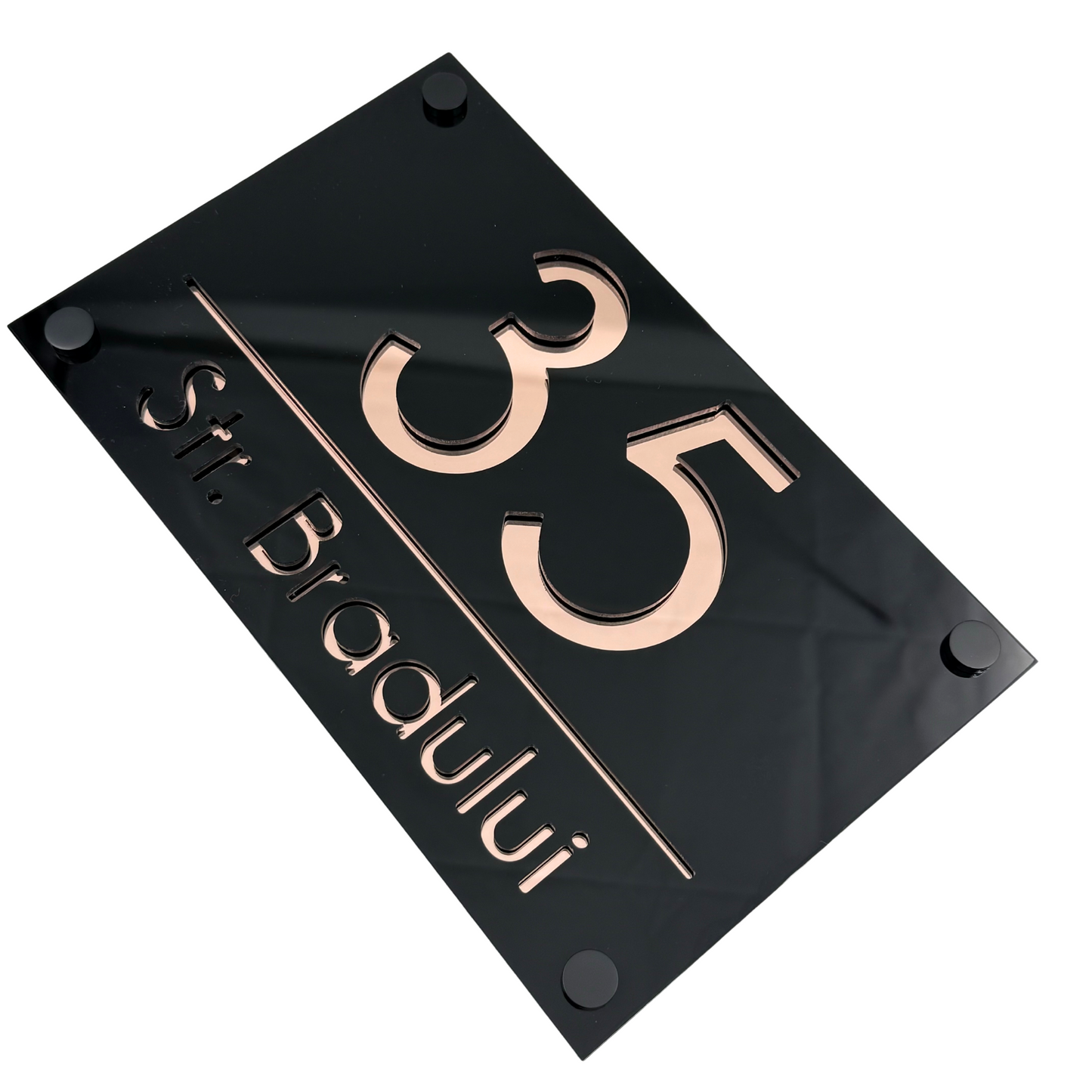 PREMIUM HOUSE NUMBER - Glossy Black Rose Gold Mirror 4 Spacers neGreyi - 24×15 cm