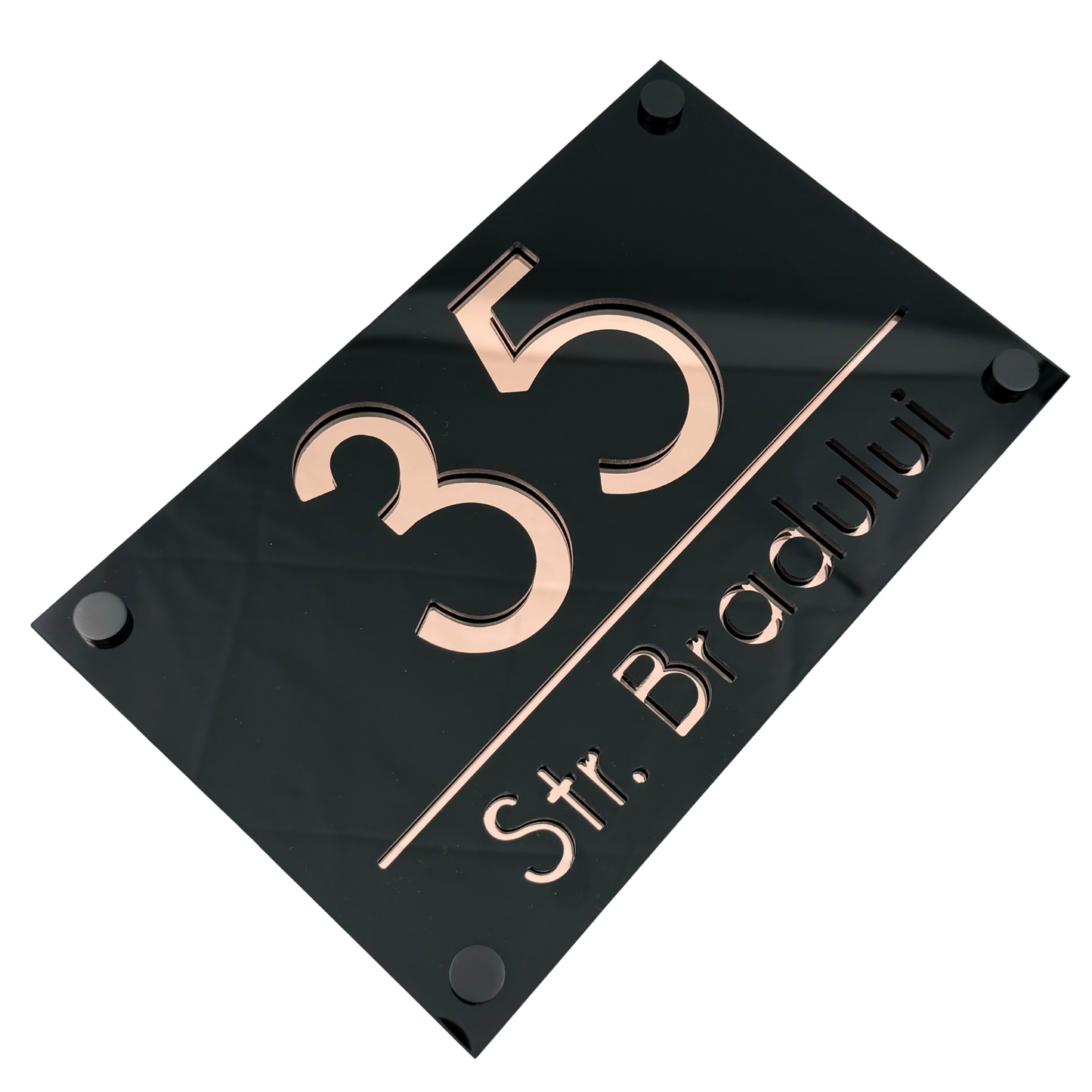 PREMIUM HOUSE NUMBER - Glossy Black Rose Gold Mirror 4 Spacers neGreyi - 24×15 cm