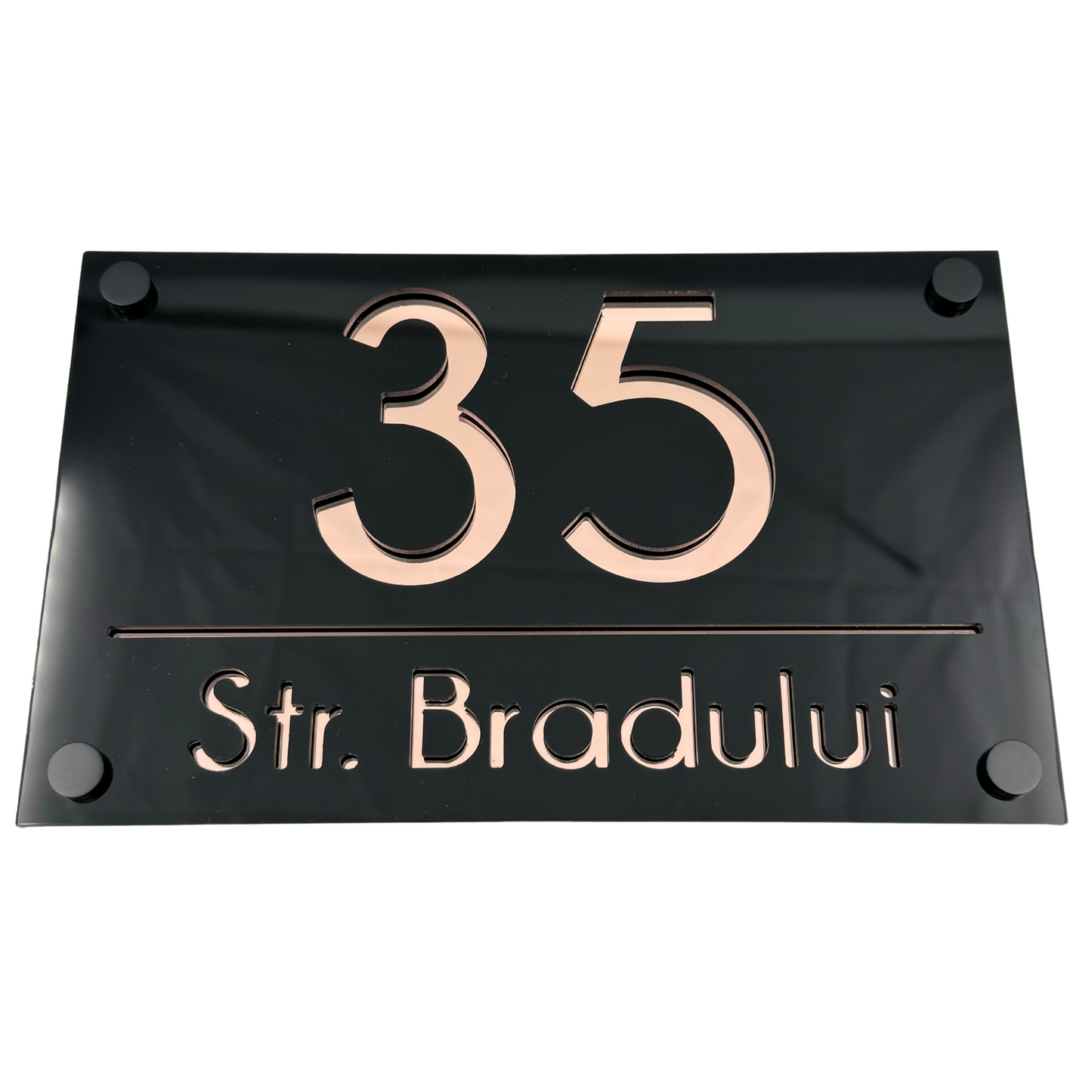 PREMIUM HOUSE NUMBER - Glossy Black Rose Gold Mirror 4 Spacers neGreyi - 24×15 cm