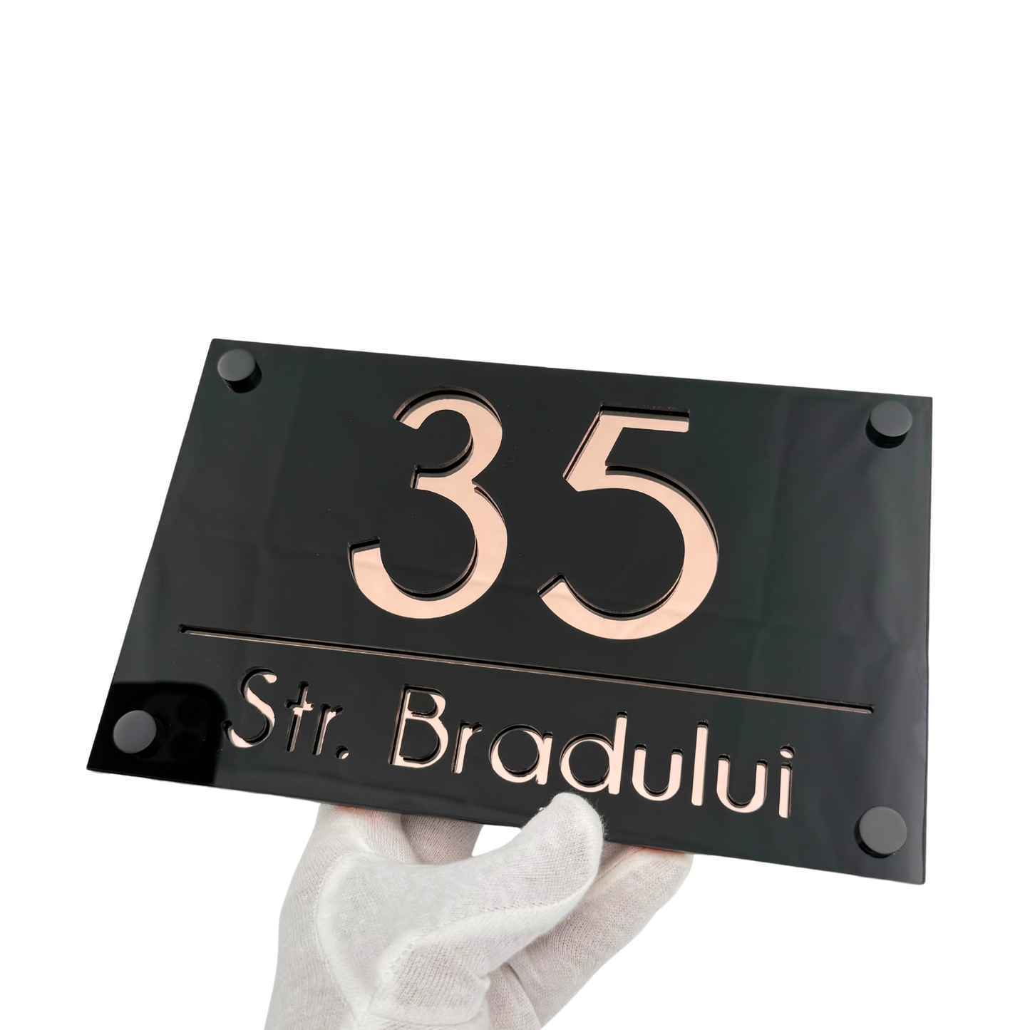 PREMIUM HOUSE NUMBER - Glossy Black Rose Gold Mirror 4 Spacers neGreyi - 24×15 cm