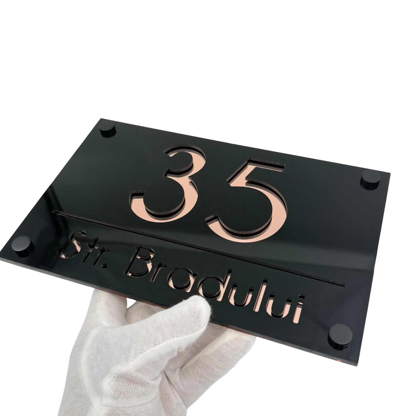 PREMIUM HOUSE NUMBER - Glossy Black Rose Gold Mirror 4 Spacers neGreyi - 24×15 cm