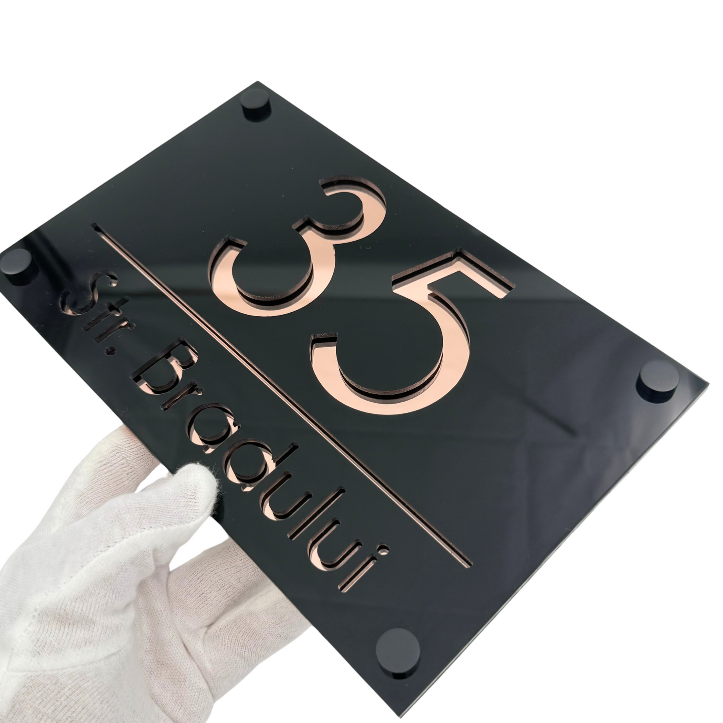 PREMIUM HOUSE NUMBER - Glossy Black Rose Gold Mirror 4 Spacers neGreyi - 24×15 cm