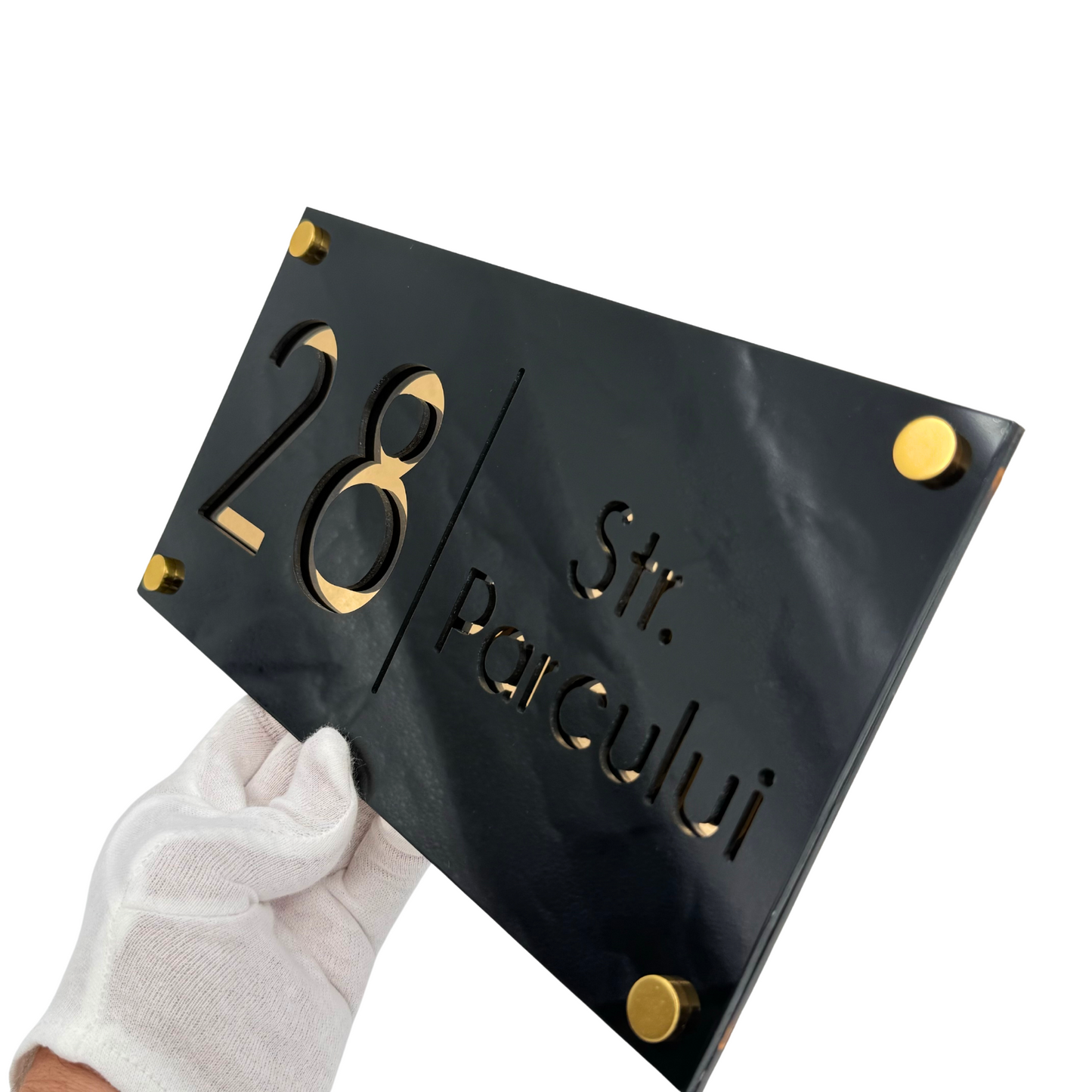 PREMIUM HOUSE NUMBER - Glossy Black Gold Mirror 4 Spacers Gold - 28×15 cm
