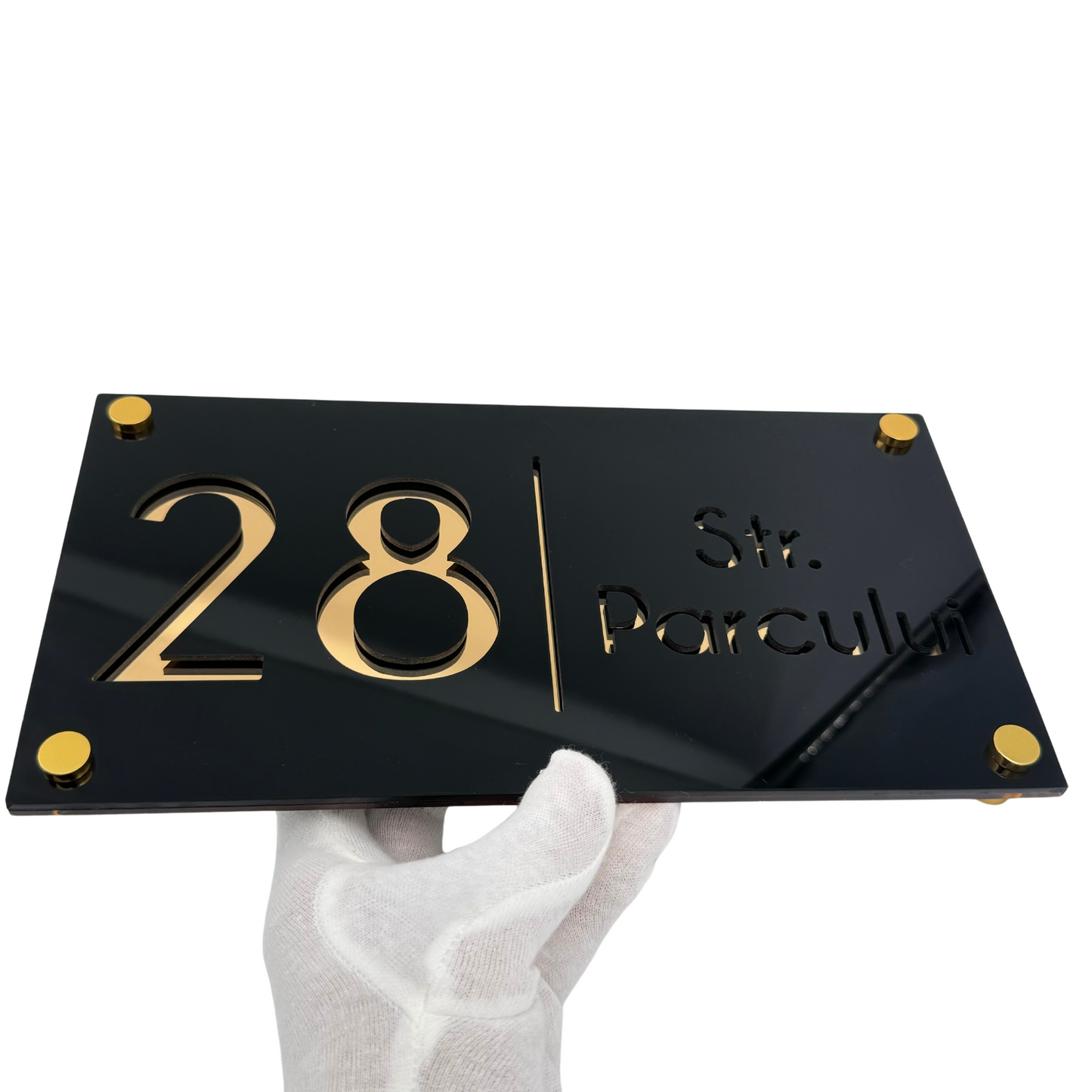 PREMIUM HOUSE NUMBER - Glossy Black Gold Mirror 4 Spacers Gold - 28×15 cm