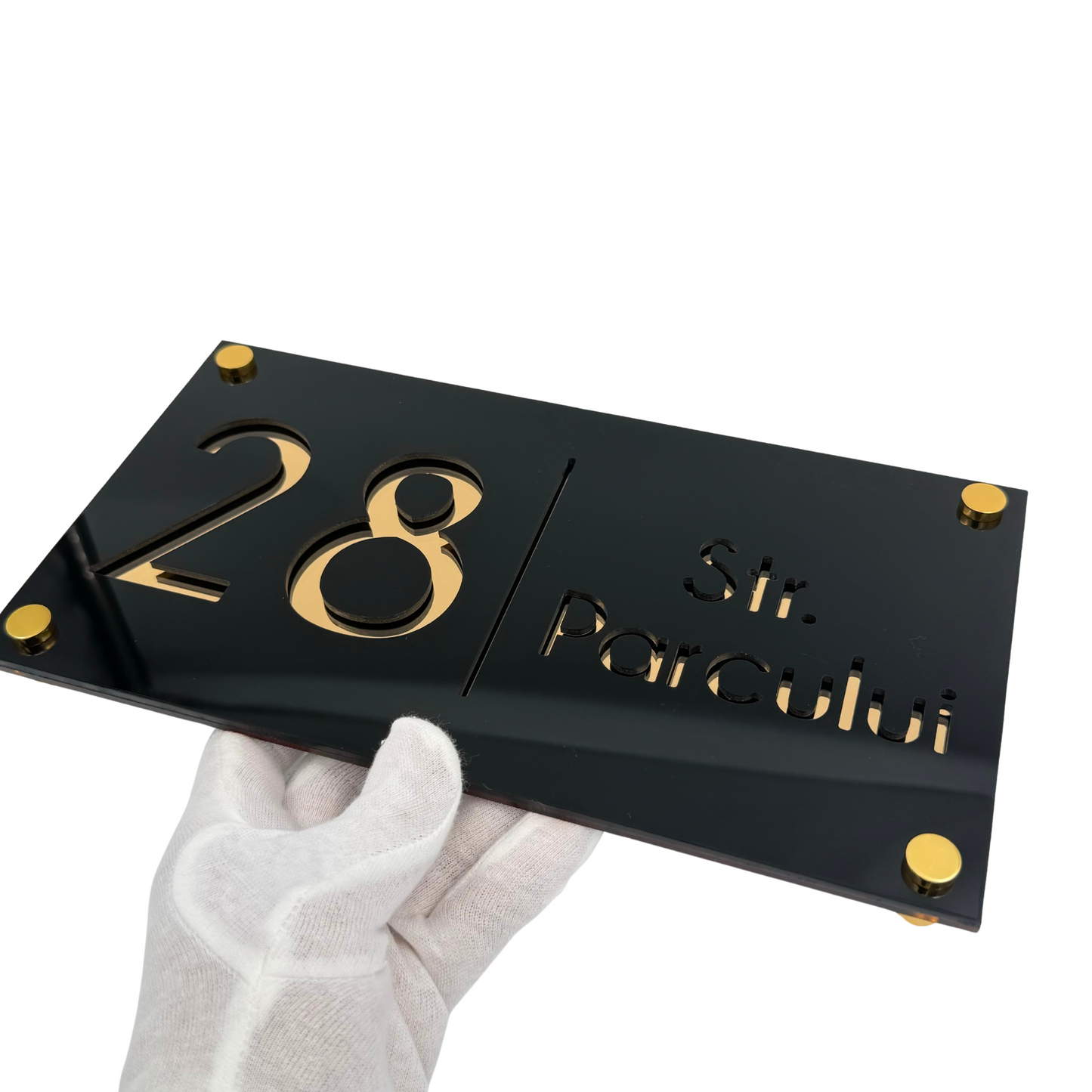 PREMIUM HOUSE NUMBER - Glossy Black Gold Mirror 4 Spacers Gold - 28×15 cm