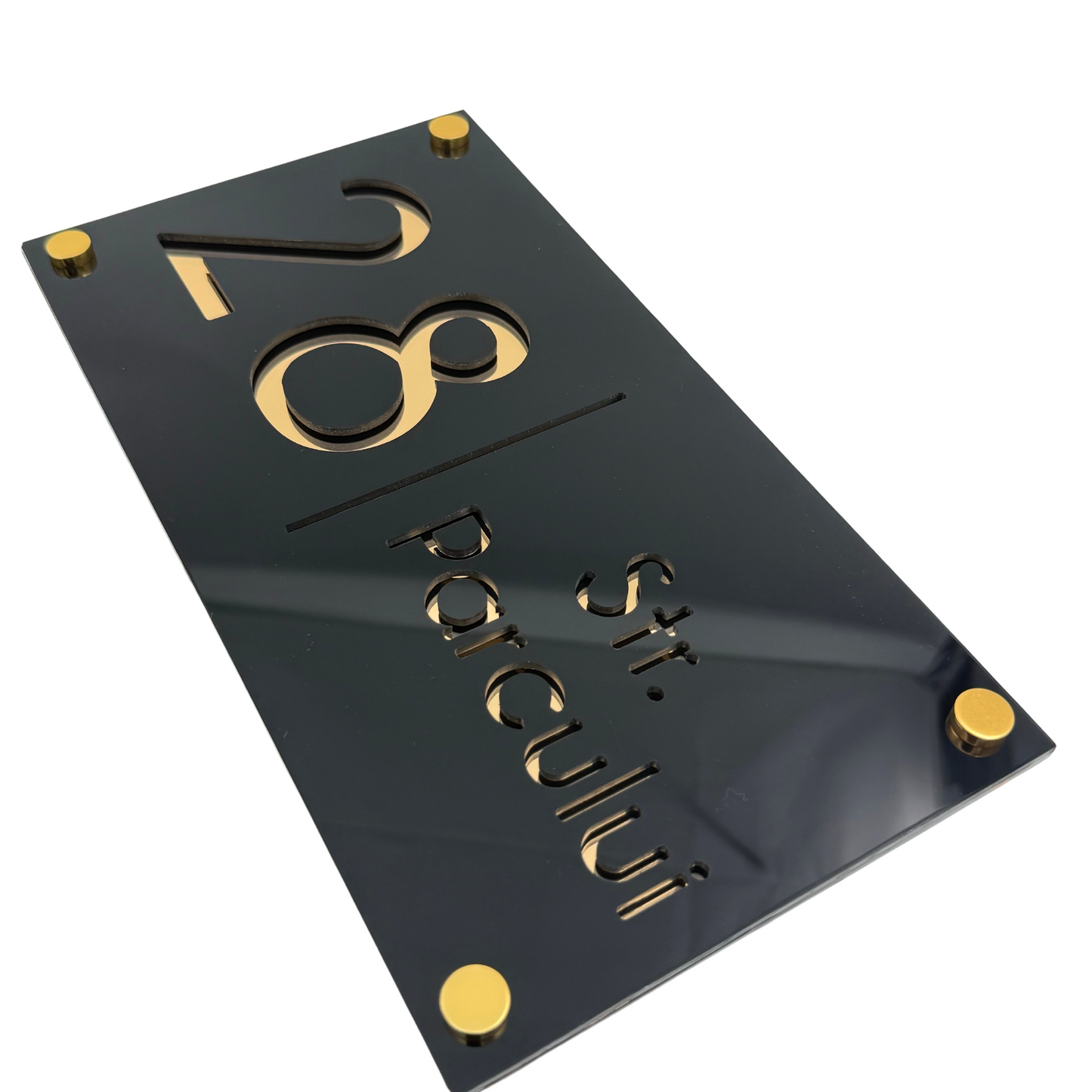 PREMIUM HOUSE NUMBER - Glossy Black Gold Mirror 4 Spacers Gold - 28×15 cm