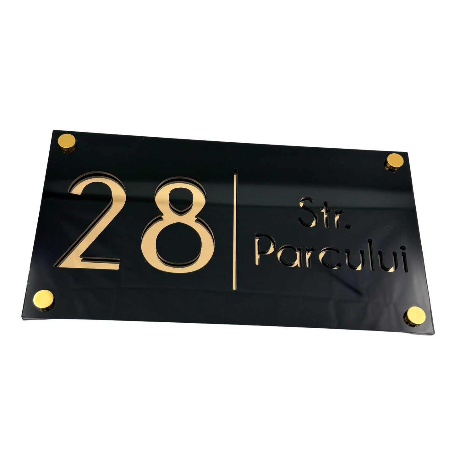 PREMIUM HOUSE NUMBER - Glossy Black Gold Mirror 4 Spacers Gold - 28×15 cm