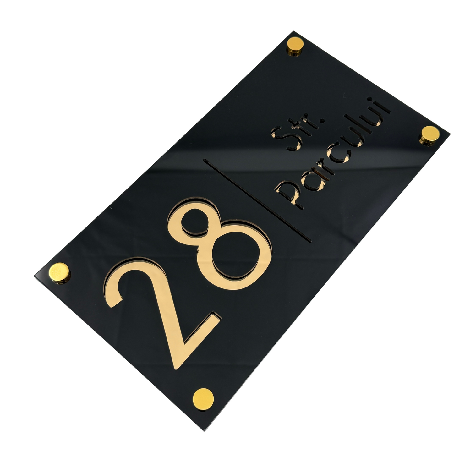 PREMIUM HOUSE NUMBER - Glossy Black Gold Mirror 4 Spacers Gold - 28×15 cm