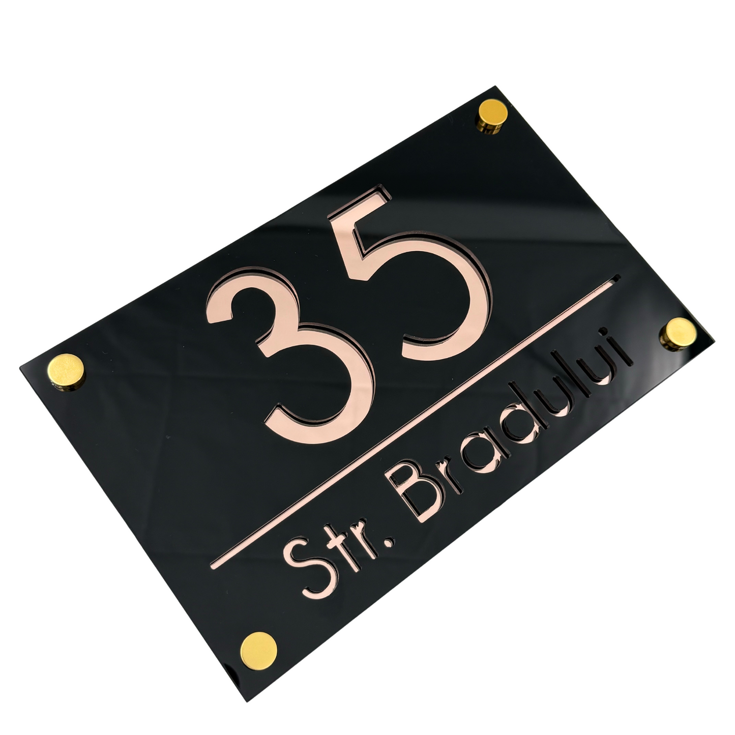 PREMIUM HOUSE NUMBER - Glossy Black Rose Gold Mirror 4 Spacers Gold - 24×15 cm