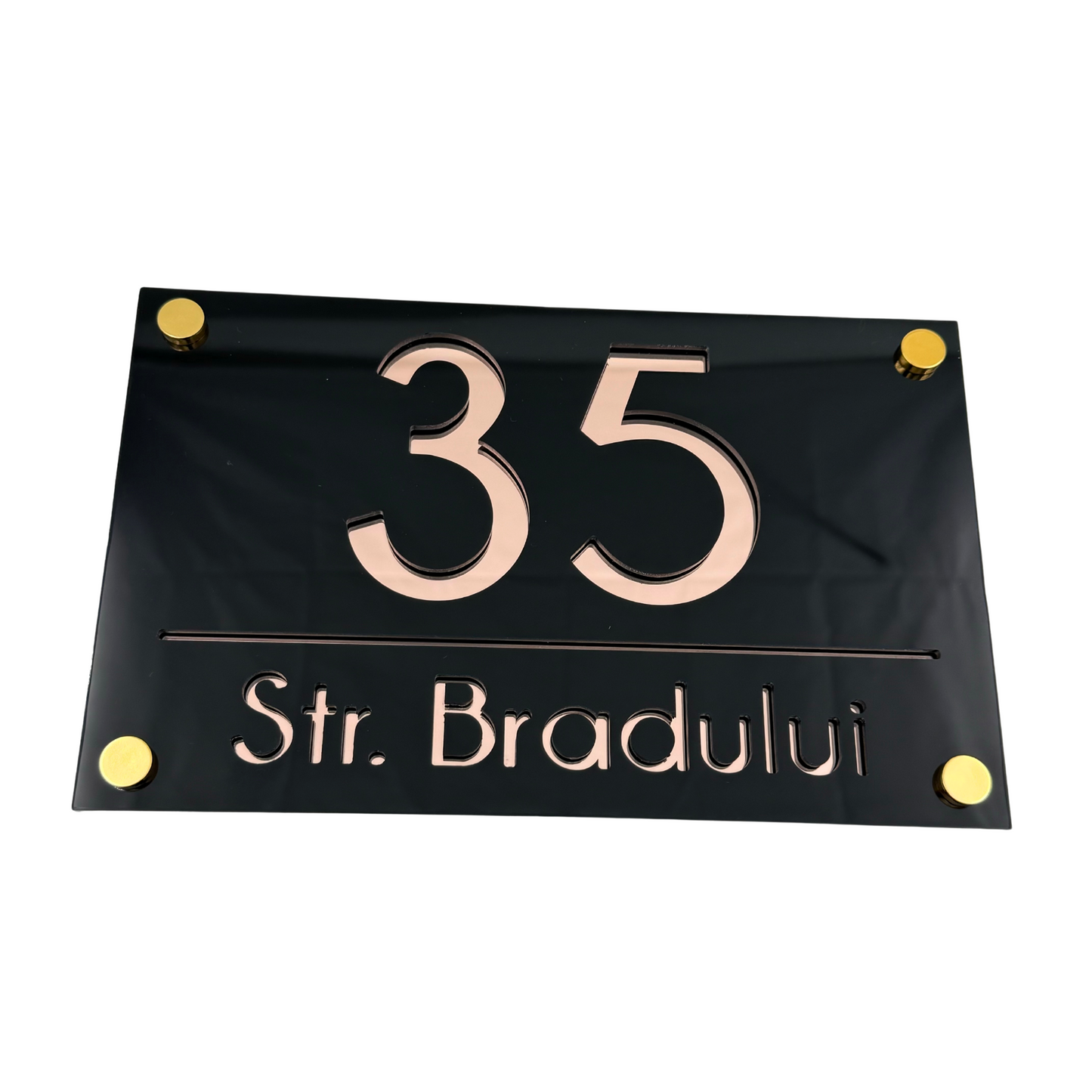 PREMIUM HOUSE NUMBER - Glossy Black Rose Gold Mirror 4 Spacers Gold - 24×15 cm