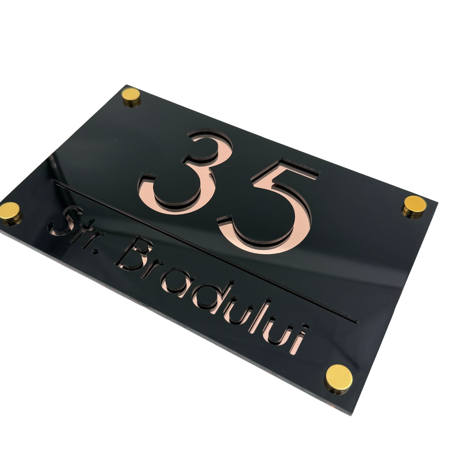PREMIUM HOUSE NUMBER - Glossy Black Rose Gold Mirror 4 Spacers Gold - 24×15 cm