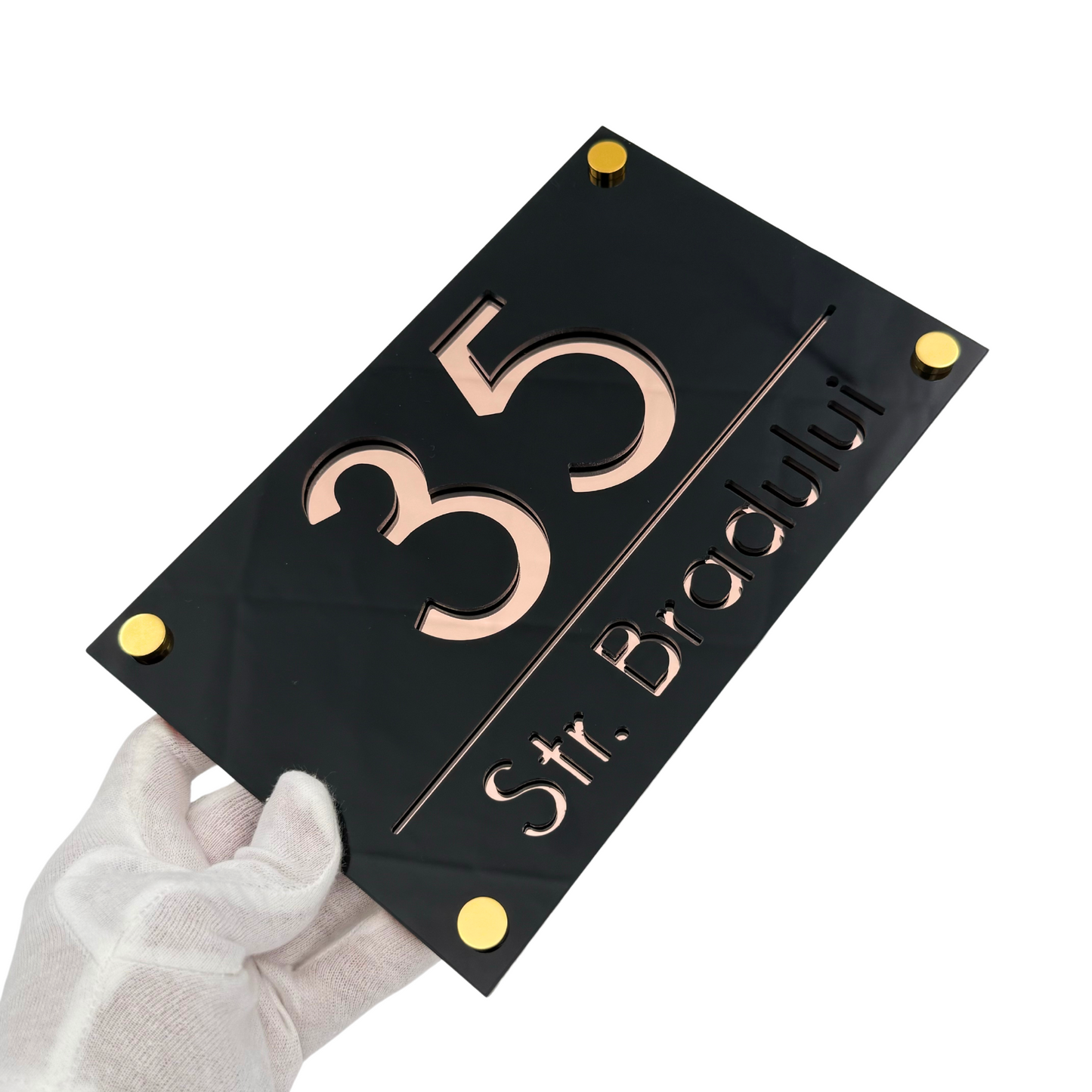PREMIUM HOUSE NUMBER - Glossy Black Rose Gold Mirror 4 Spacers Gold - 24×15 cm