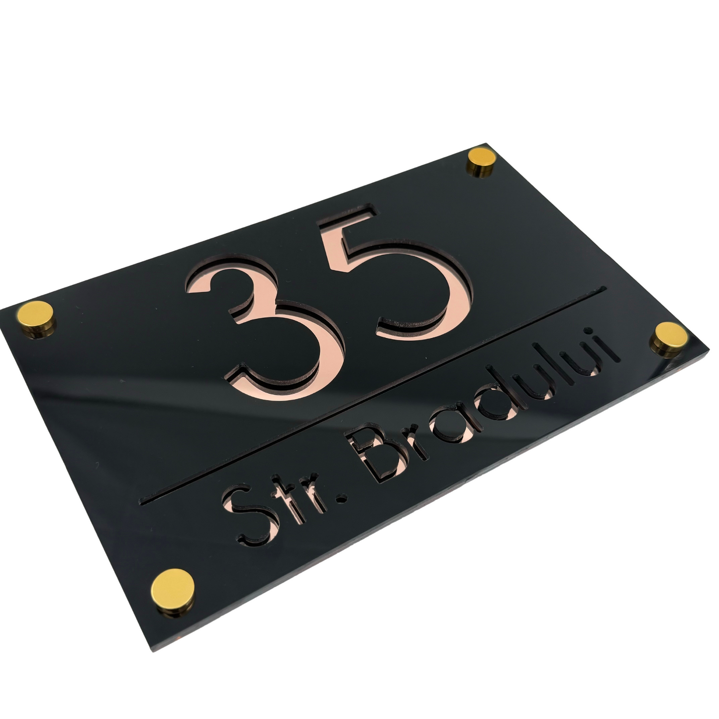 PREMIUM HOUSE NUMBER - Glossy Black Rose Gold Mirror 4 Spacers Gold - 24×15 cm