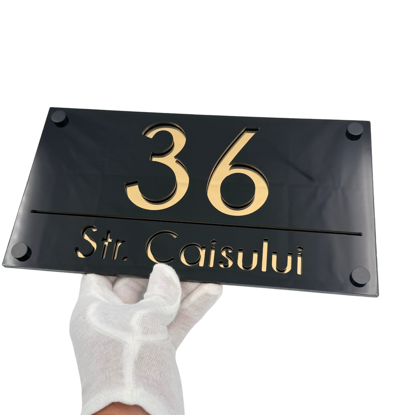 PREMIUM HOUSE NUMBER - Glossy Black Gold Mirror 4 Spacers NeGreyi - 28×15 cm