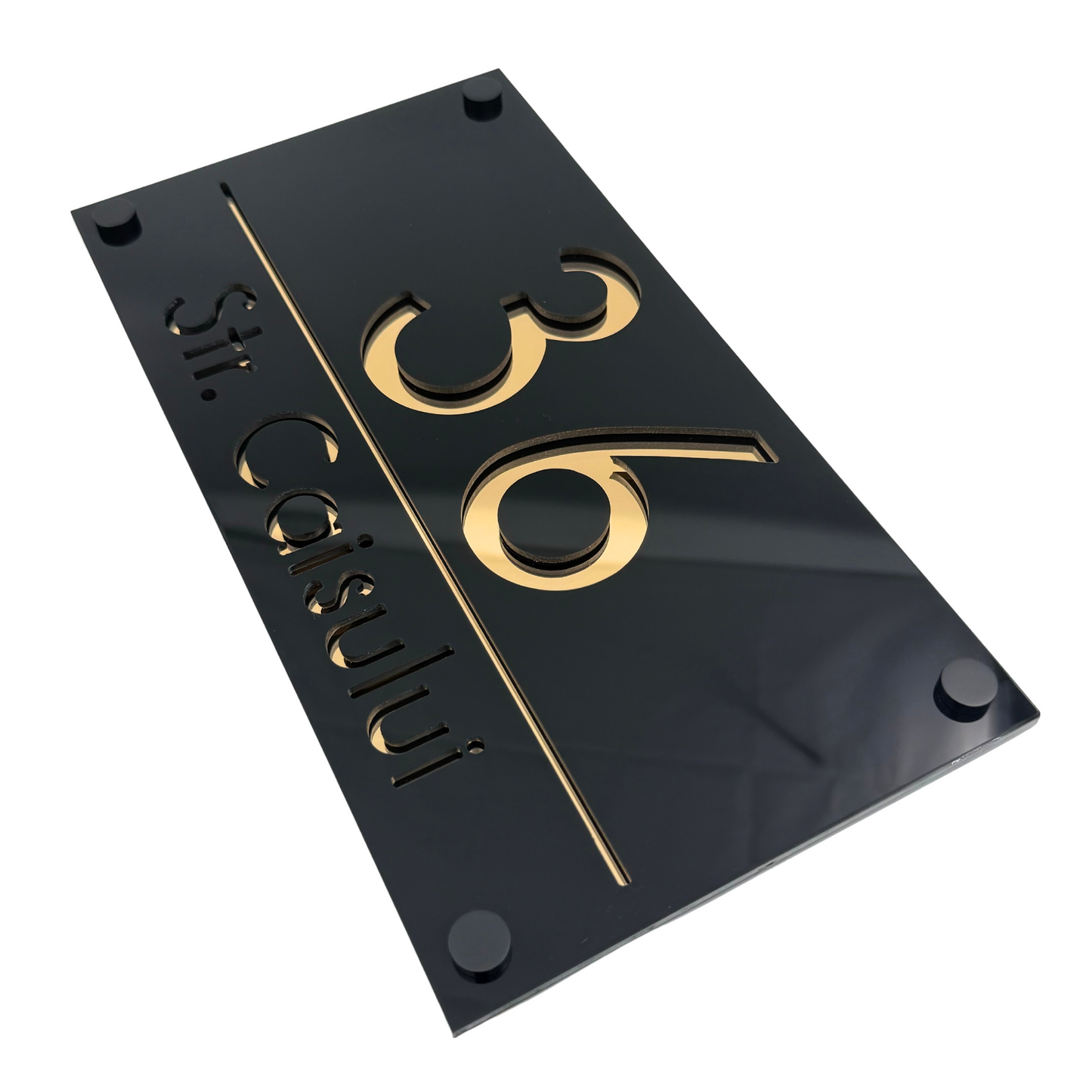PREMIUM HOUSE NUMBER - Glossy Black Gold Mirror 4 Spacers NeGreyi - 28×15 cm