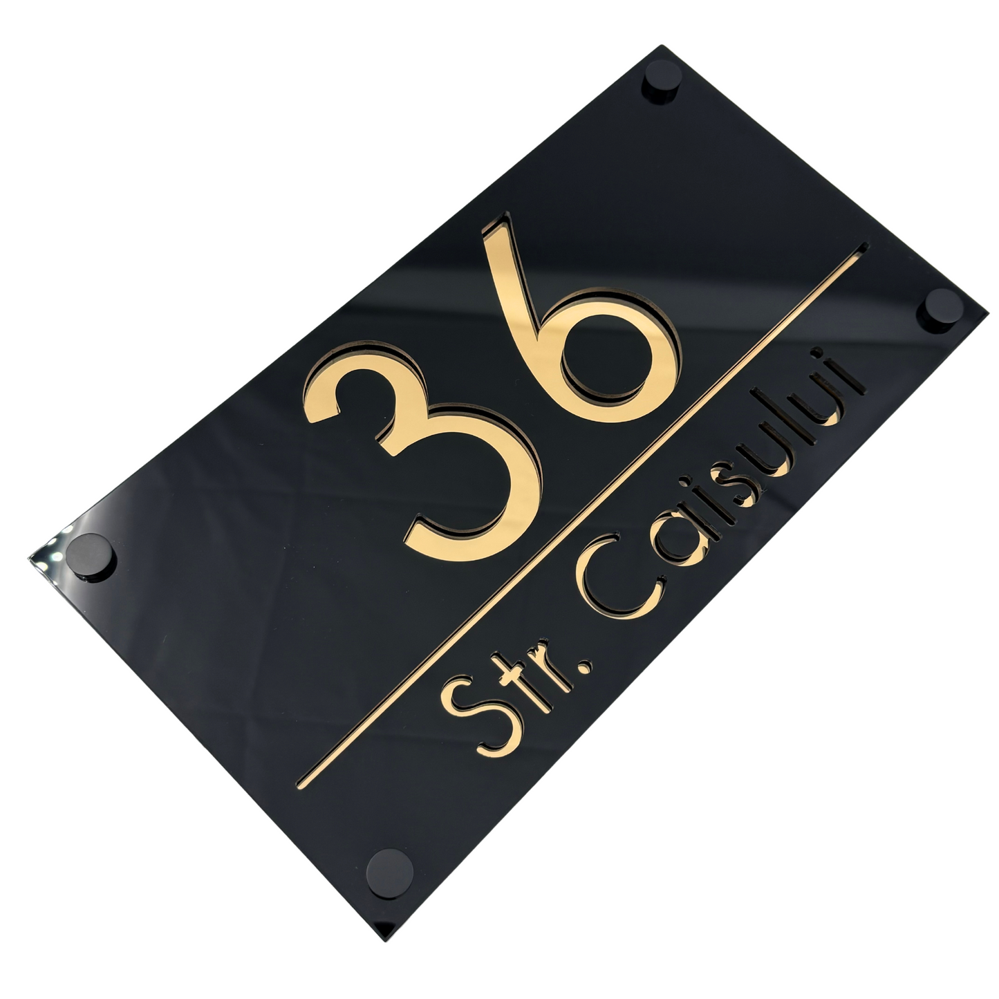 PREMIUM HOUSE NUMBER - Glossy Black Gold Mirror 4 Spacers NeGreyi - 28×15 cm