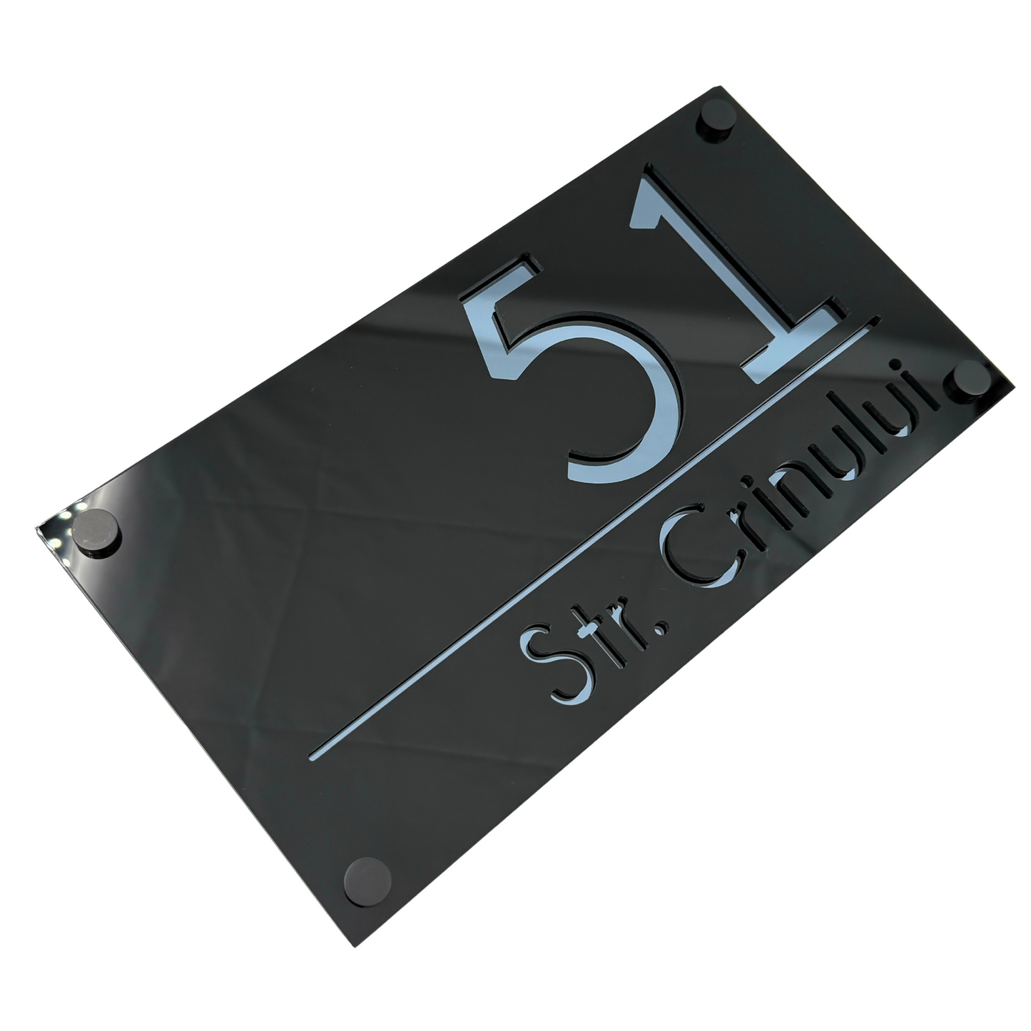 PREMIUM HOUSE NUMBER - Glossy Black Anthracite Grey Mirror 4 Spacers NeGreyi - 28×15 cm