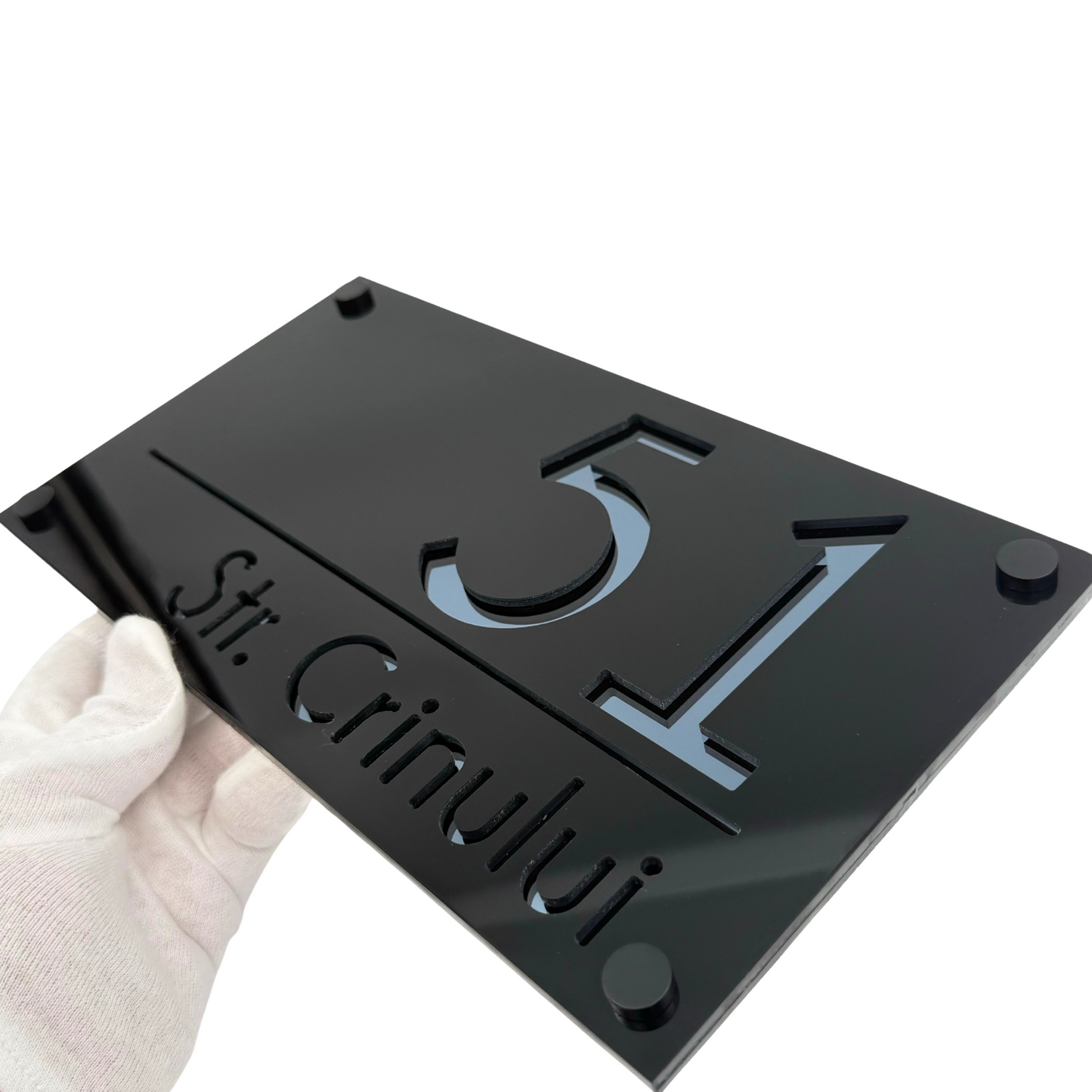 PREMIUM HOUSE NUMBER - Glossy Black Anthracite Grey Mirror 4 Spacers NeGreyi - 28×15 cm
