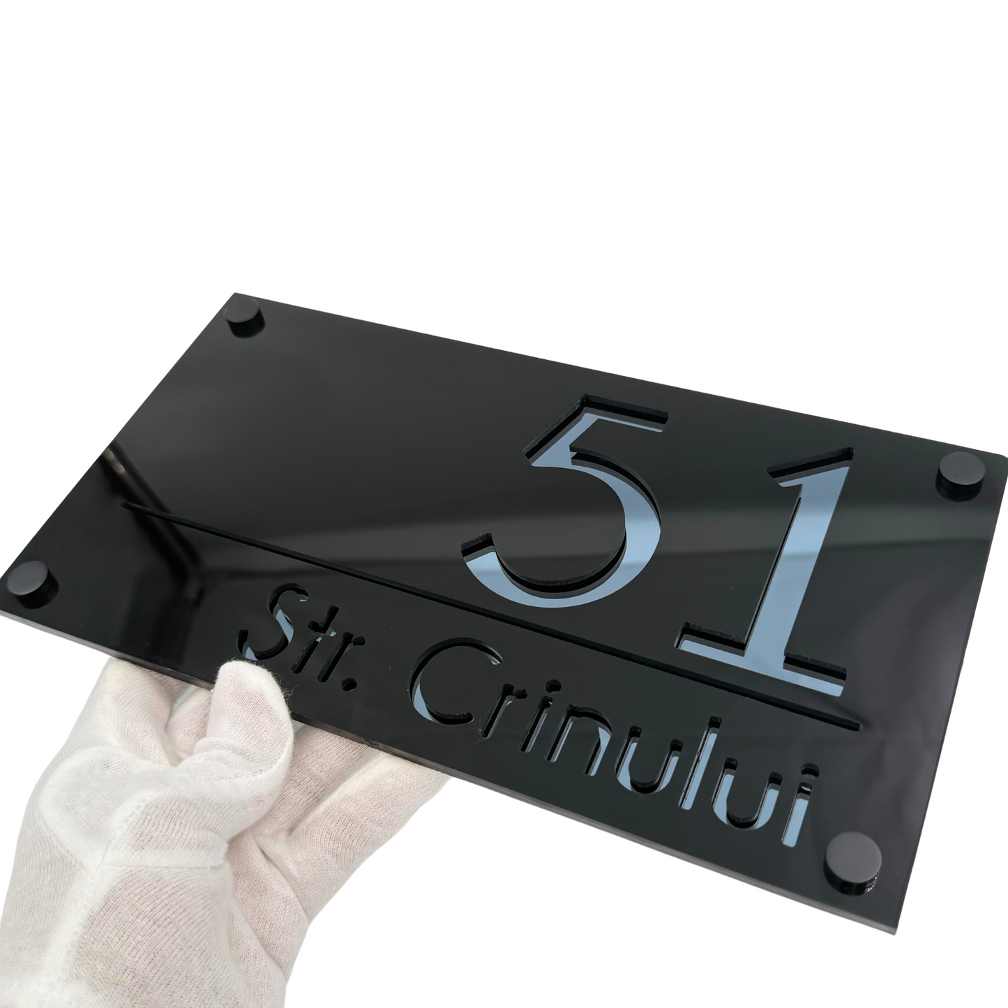 PREMIUM HOUSE NUMBER - Glossy Black Anthracite Grey Mirror 4 Spacers NeGreyi - 28×15 cm