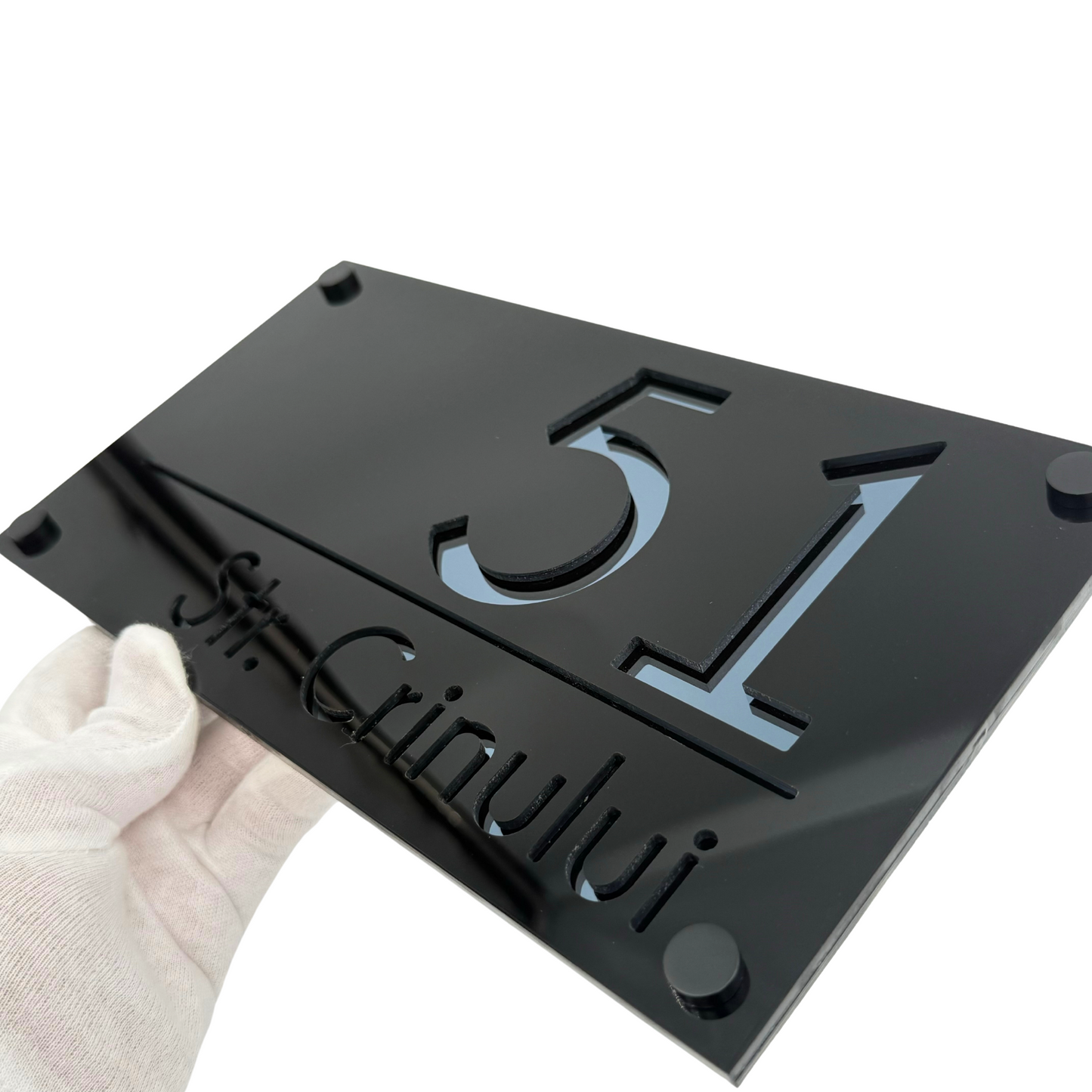 PREMIUM HOUSE NUMBER - Glossy Black Anthracite Grey Mirror 4 Spacers NeGreyi - 28×15 cm