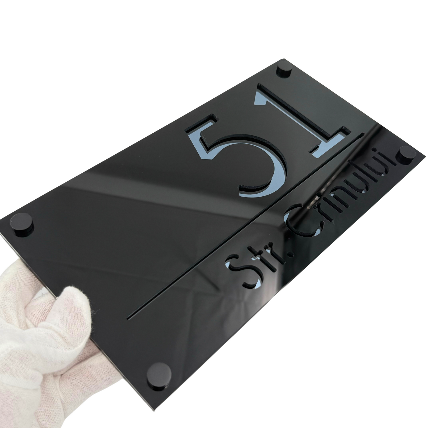 PREMIUM HOUSE NUMBER - Glossy Black Anthracite Grey Mirror 4 Spacers NeGreyi - 28×15 cm