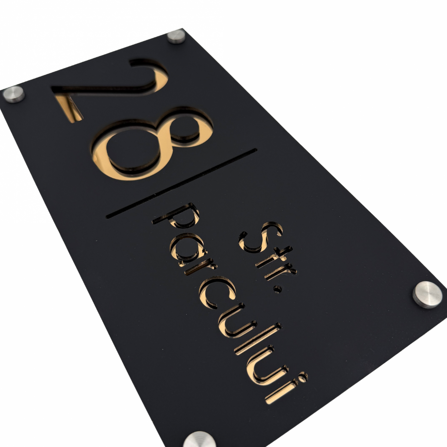 PREMIUM HOUSE NUMBER - Satin Black Gold Mirror 4 Spacers Silver - 28×15 cm